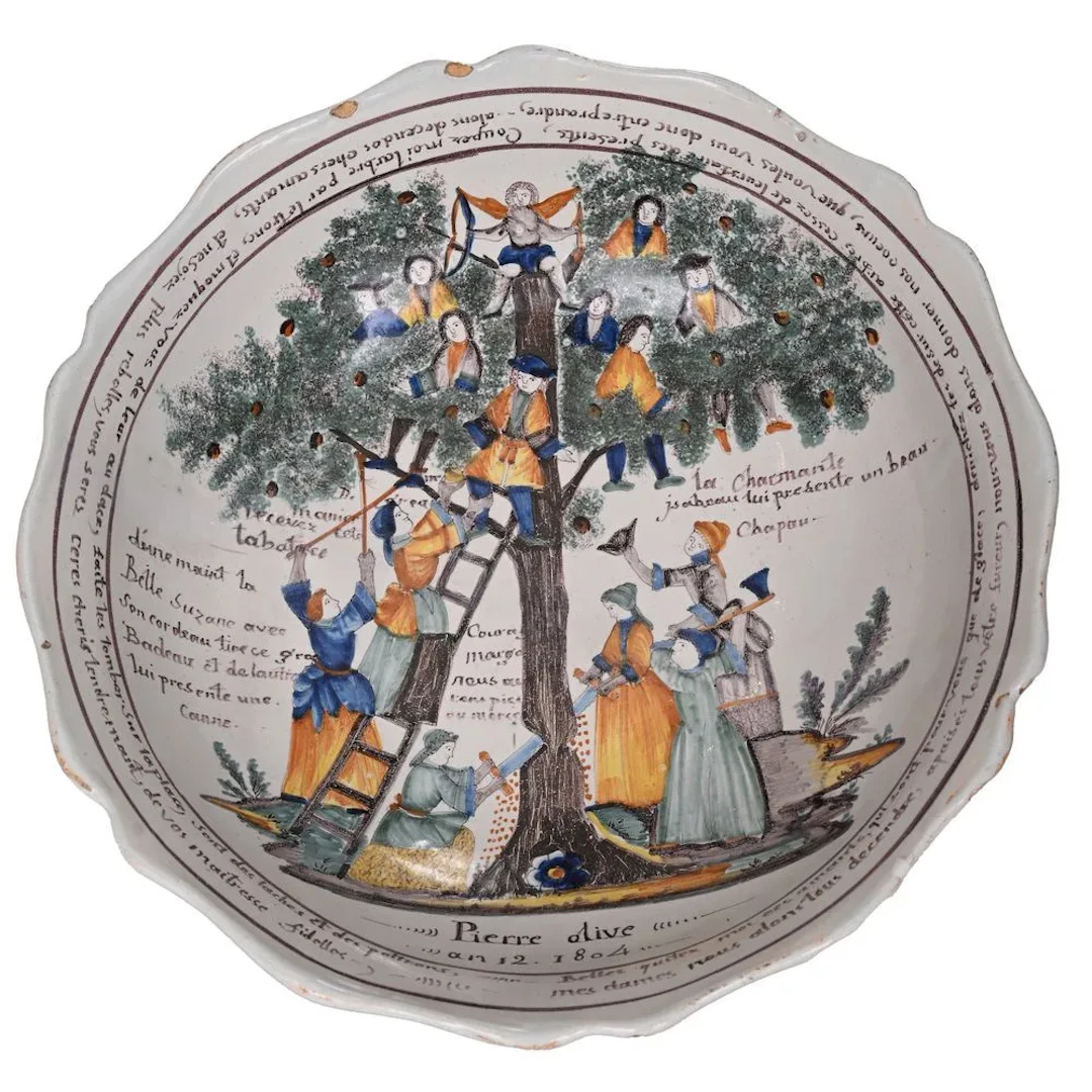 NEVERS. RARE PLATE depicting the Tree of Love with multiple inscriptions