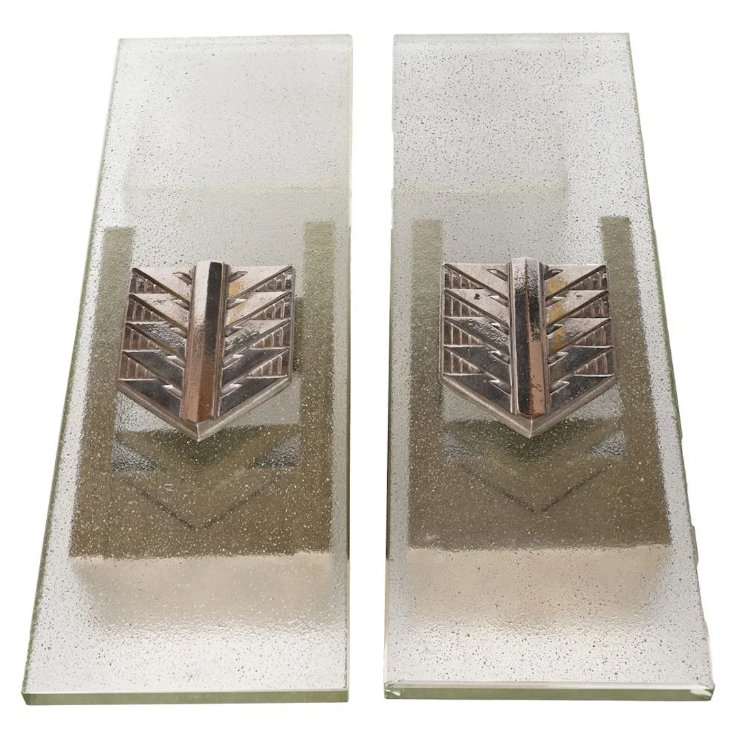PAIR OF ART DECO WALL SCONCES made of frosted glass and stylized Silver