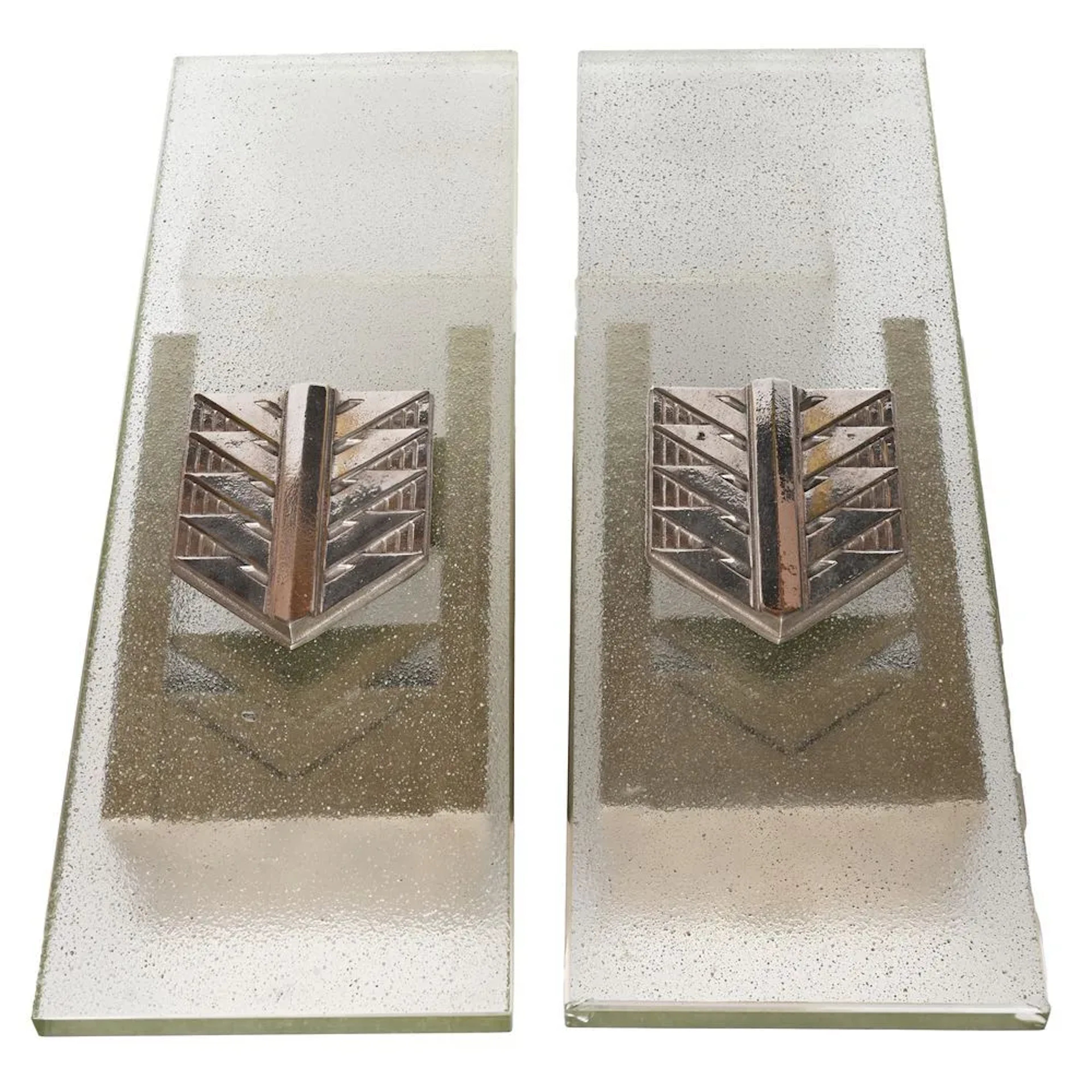 PAIR OF ART DECO WALL SCONCES made of frosted glass and stylized Silver