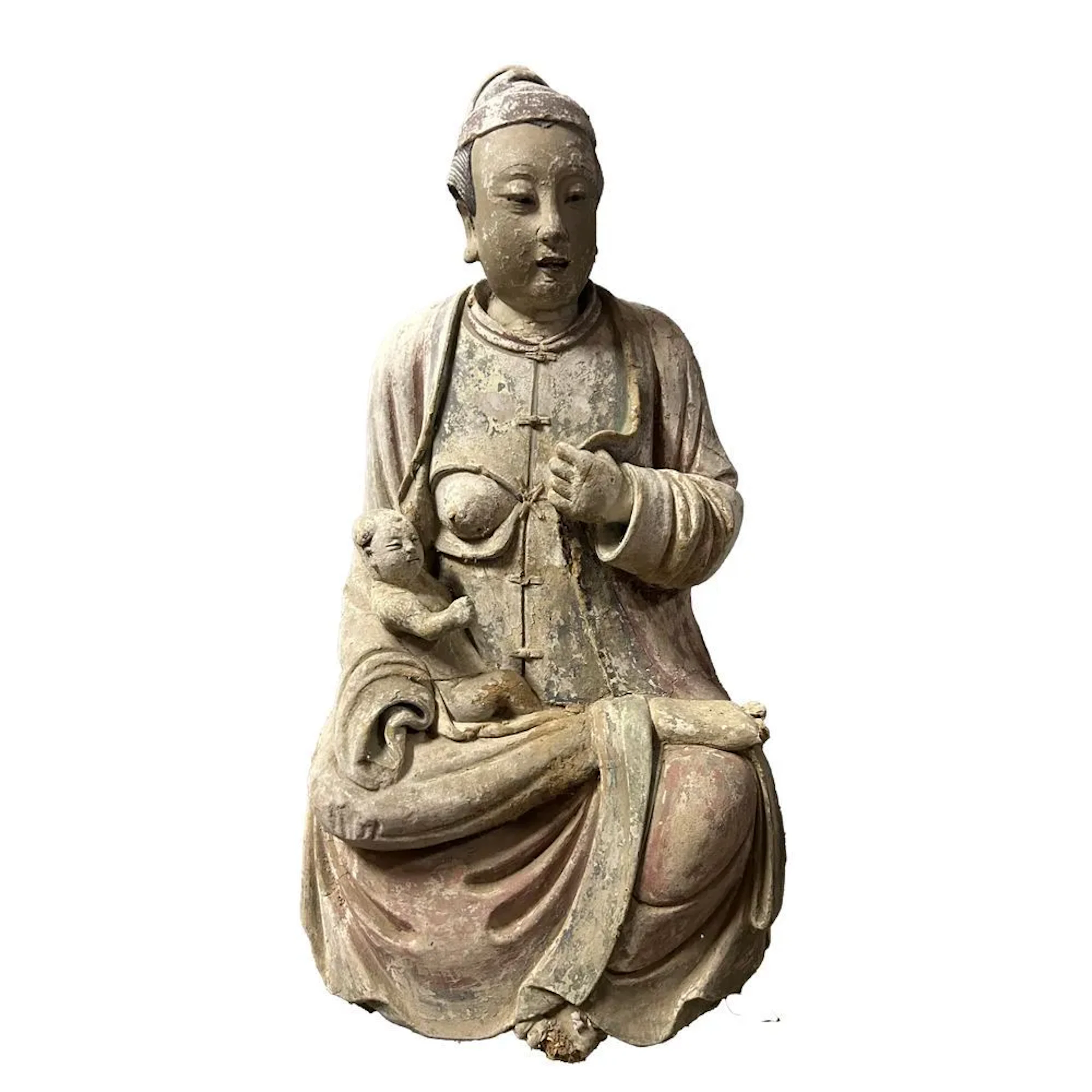 A rare and significant Pisé mother-and-child figure with substantial