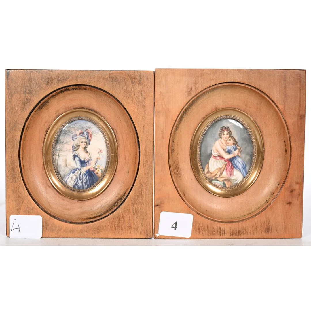 PAIR OF PAINTED MINIATURES depicting an elegant lady with a bouquet