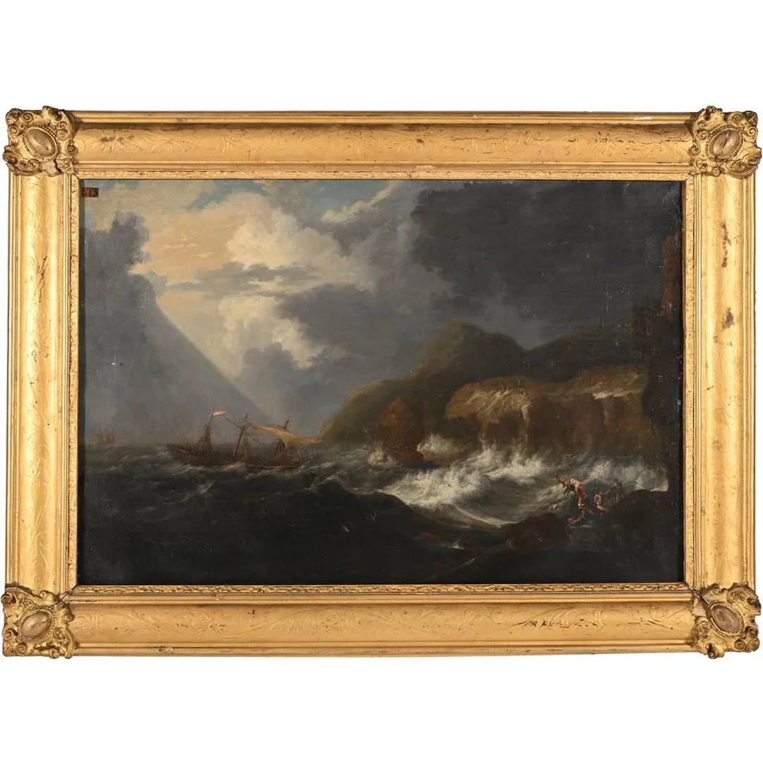 FRENCH SCHOOL, circa 1800. “Shipwreck Scene.” Oil on canvas in a gilded