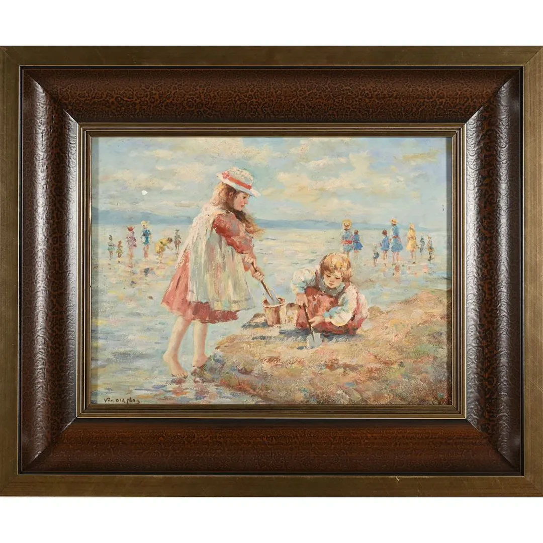 VAN DER PLAS, Nicolas. “Beach Games.” Oil on panel, signed lower left.