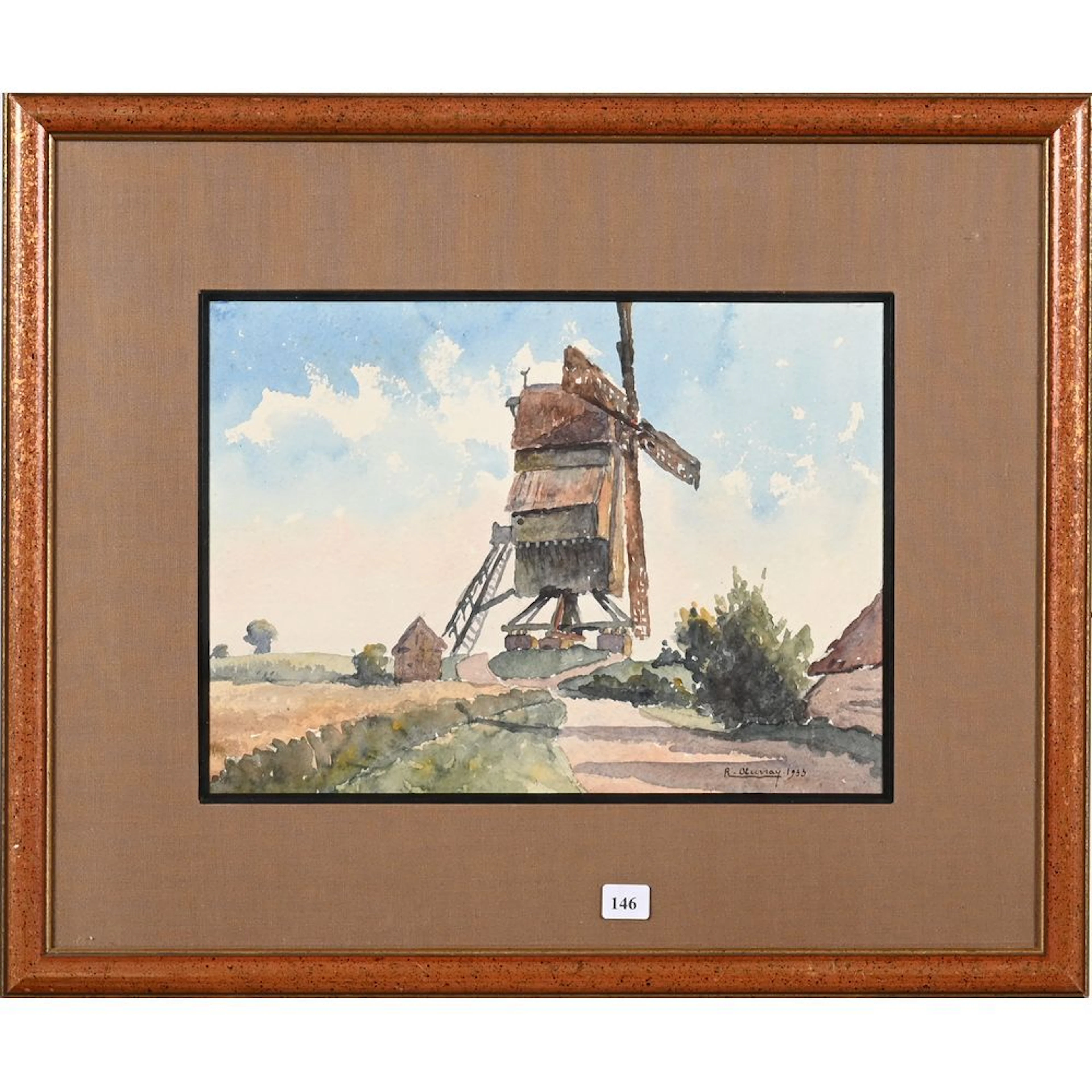 VEUVRAY, R. “Landscape with a Mill.” Watercolor, signed and dated