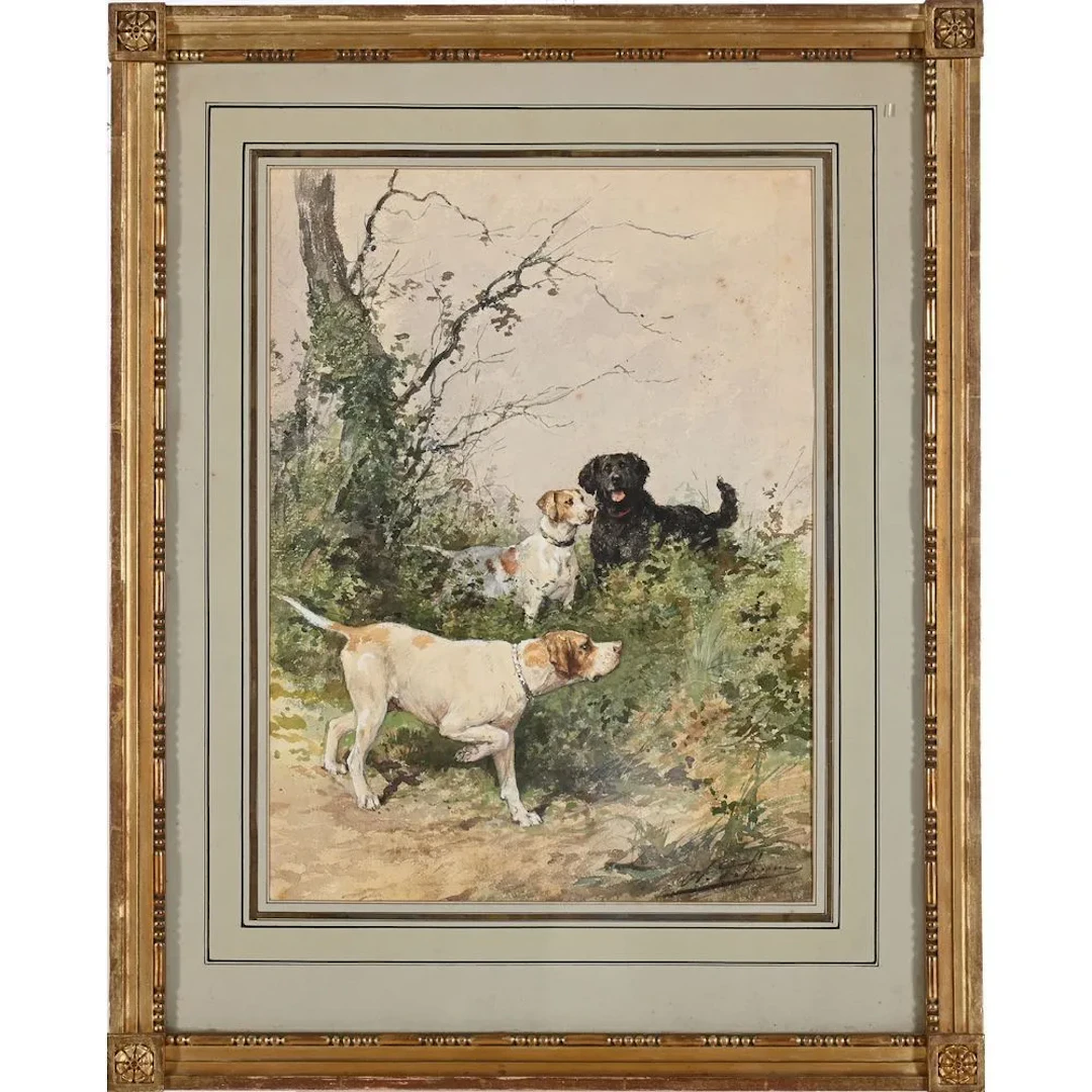 DE PENNE, Olivier Charles. (1831–1897). “Pointing Dogs.” Watercolor