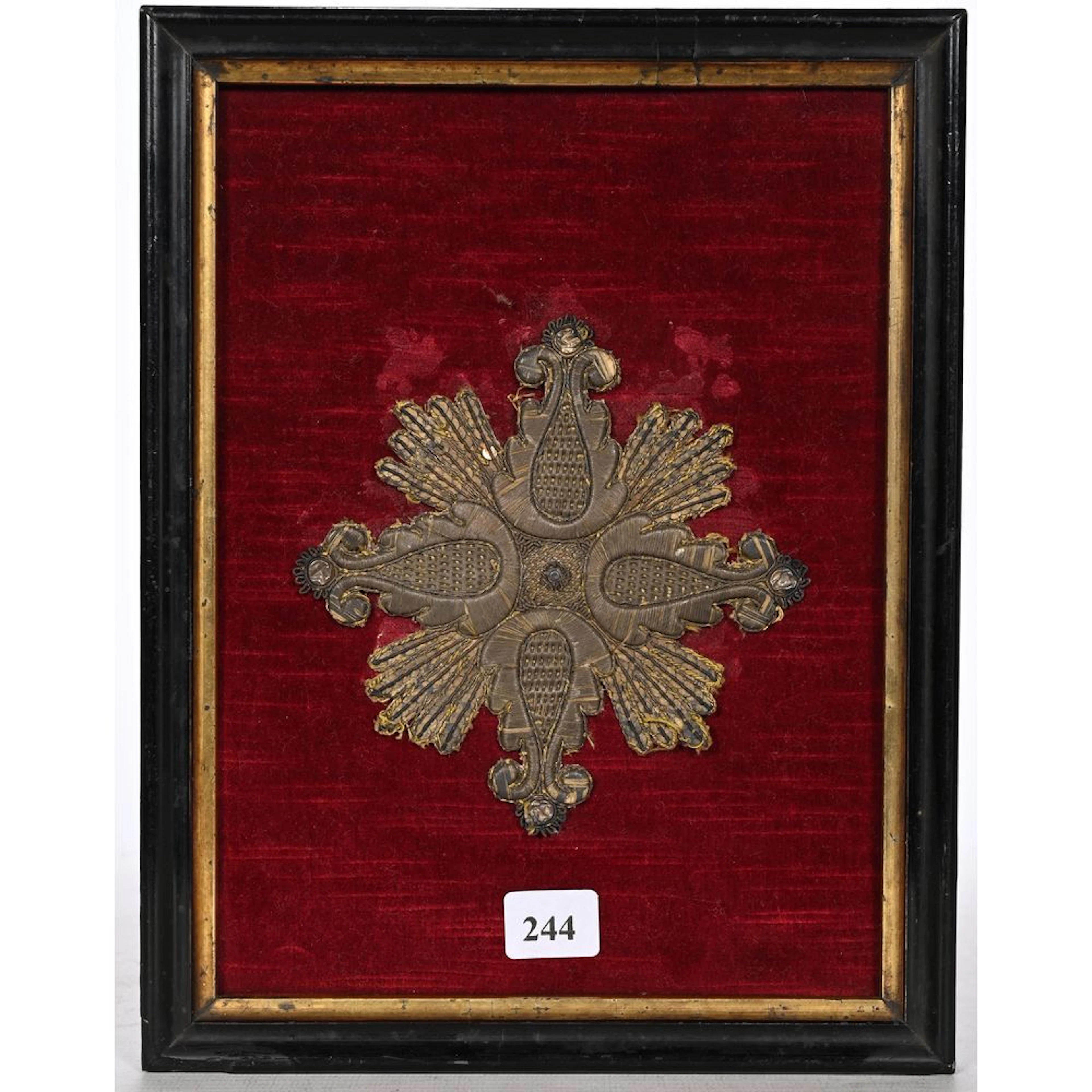 Antique EMBROIDERY FRAGMENT made of silver metallic threads depicting