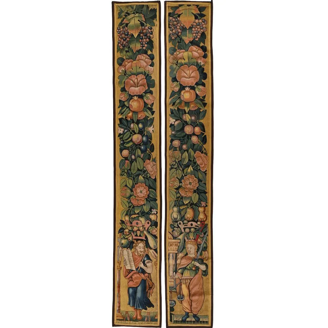 PAIR OF DOOR PANELS with tapestry depicting saints surrounded by large