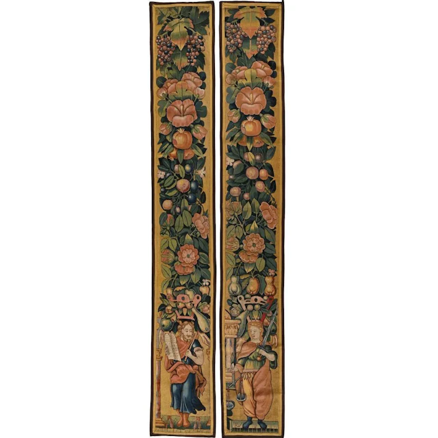 PAIR OF DOOR PANELS with tapestry depicting saints surrounded by large