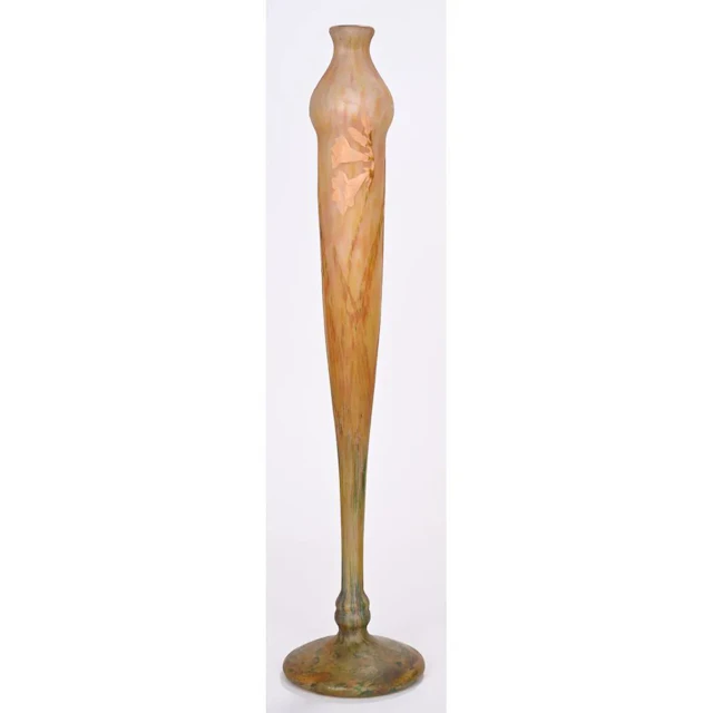 DAUM, NANCY. LARGE SOLIFLORE VASE with an iridescent glass plaque