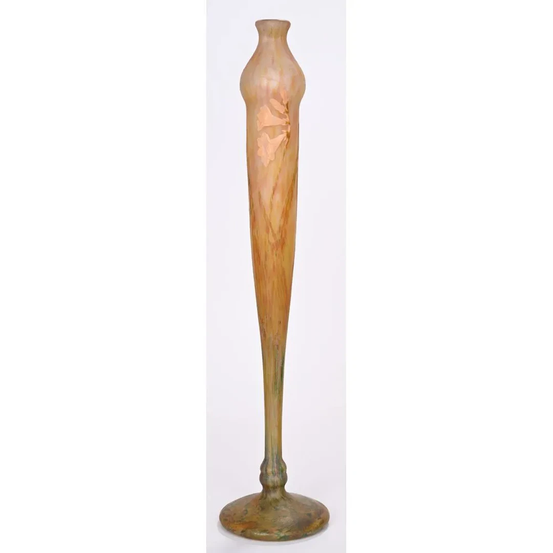 DAUM, NANCY. LARGE SOLIFLORE VASE with an iridescent glass plaque
