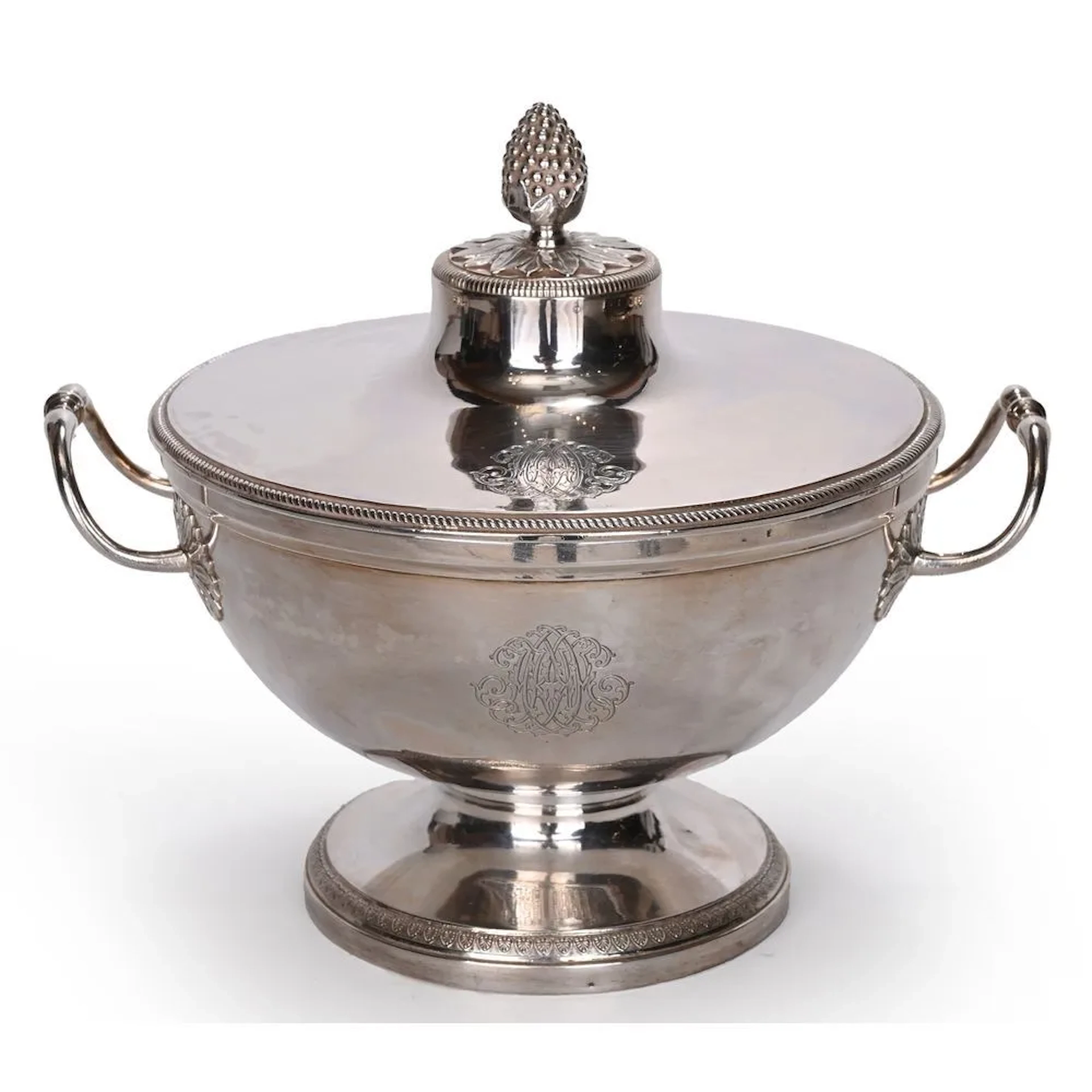 Round 18th-century solid silver soup tureen resting on a pedestal