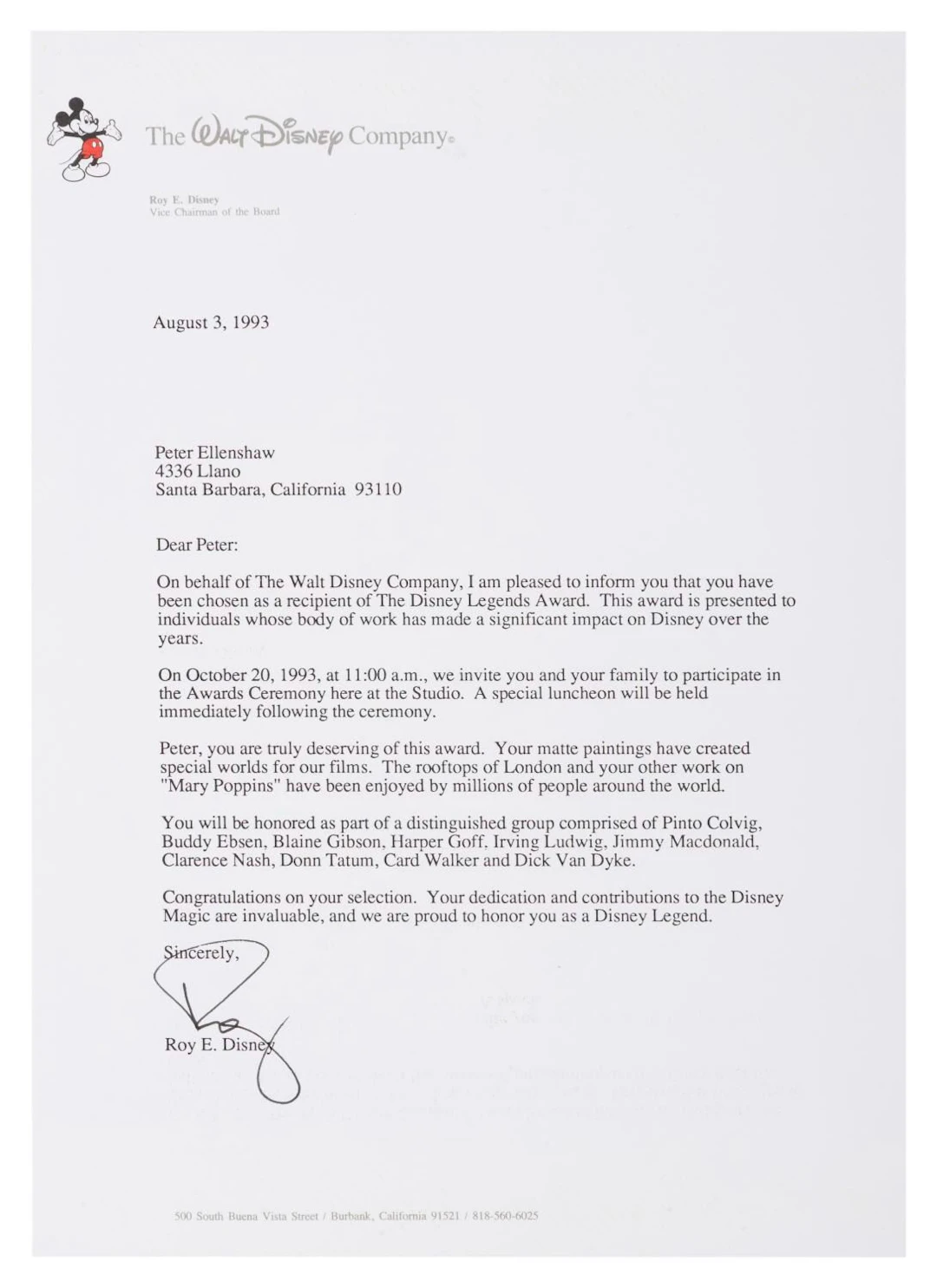 Peter Ellenshaw's Disney Legends Letter Signed by Roy E. Disney.