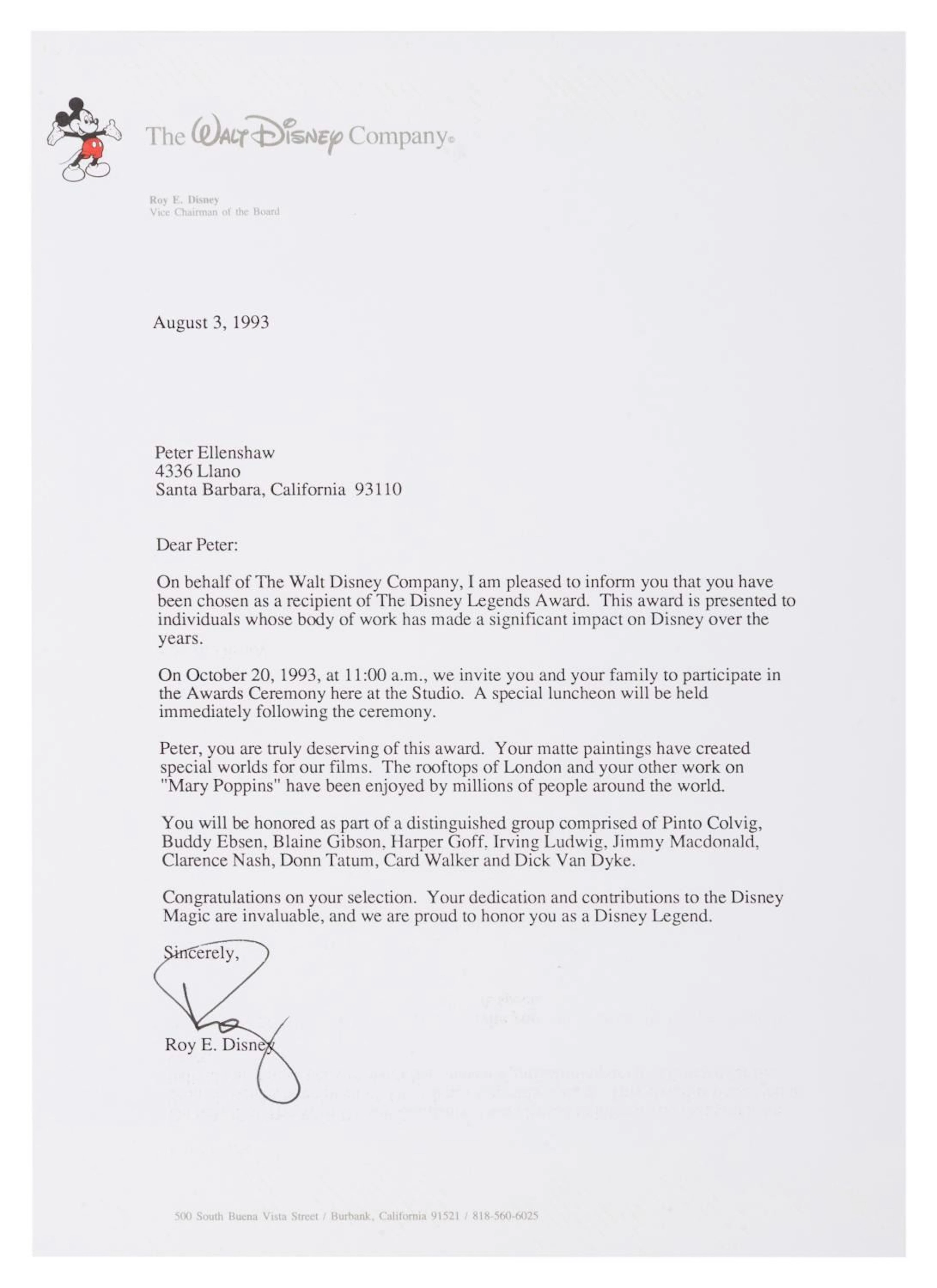 Peter Ellenshaw's Disney Legends Letter Signed by Roy E. Disney.
