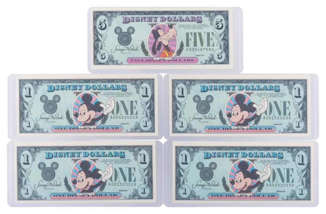 The Disneyland 1989 AA Series $1 and $5 Bills.