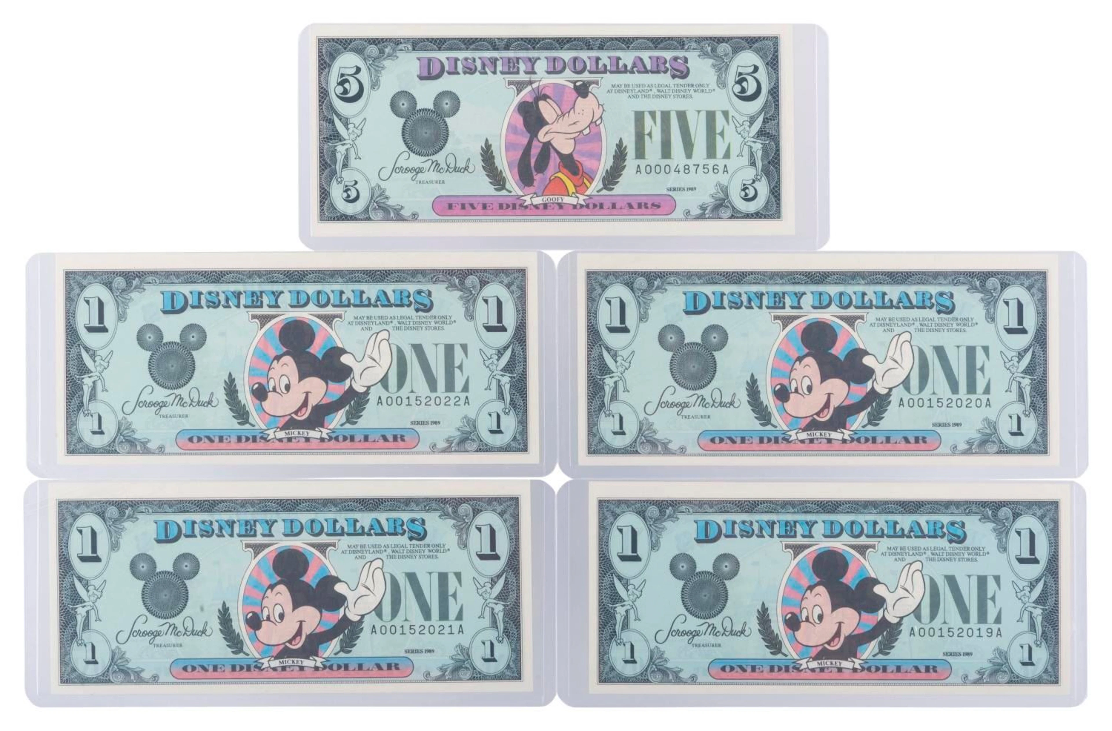 The Disneyland 1989 AA Series $1 and $5 Bills.