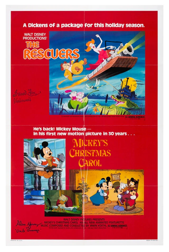 A Signed "Mickey's Christmas Carol" & "The Rescuers" One-Sheet.
