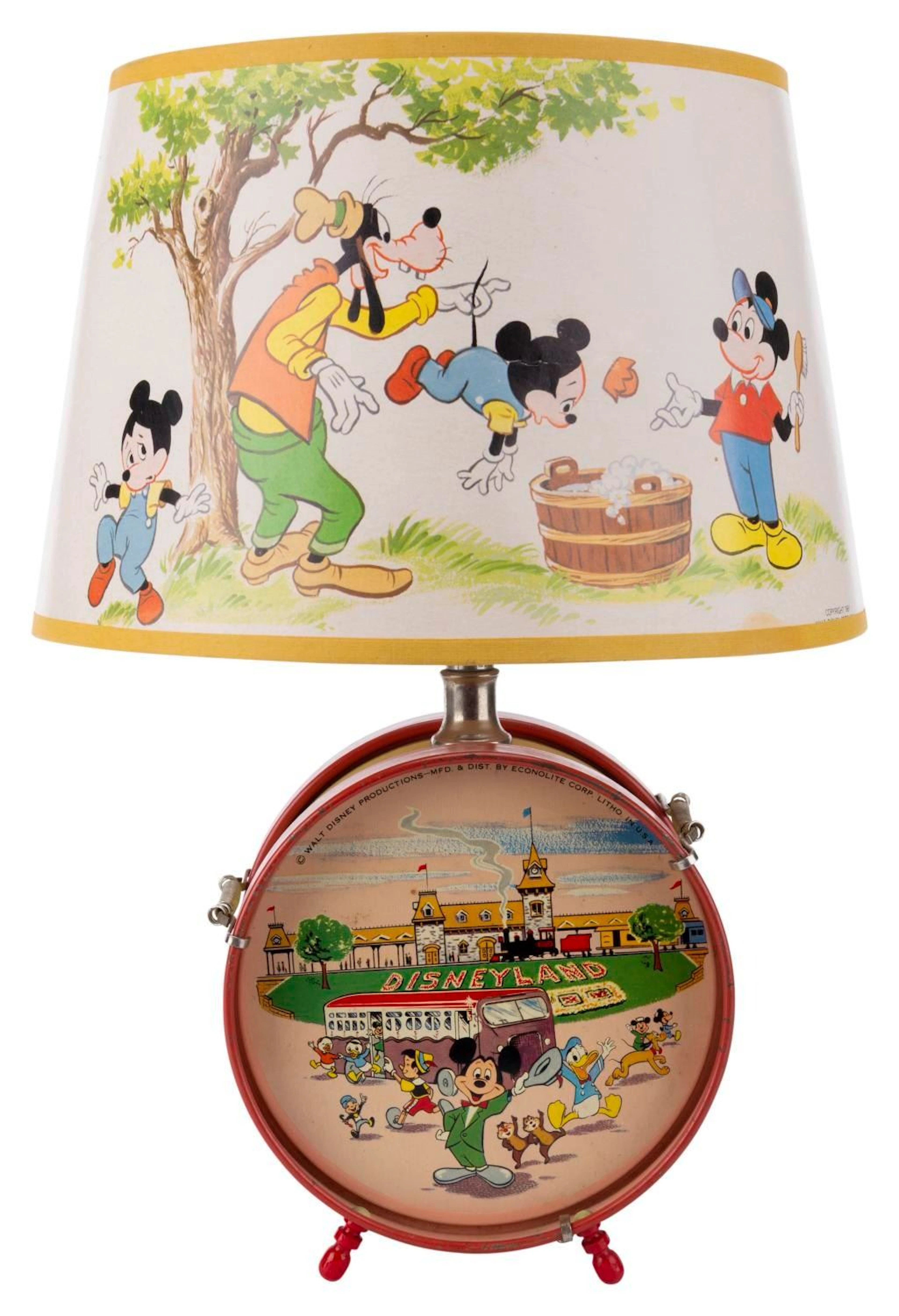 A Disneyland Tin Litho Drum Lamp with Mickey and Friends Lampshade.