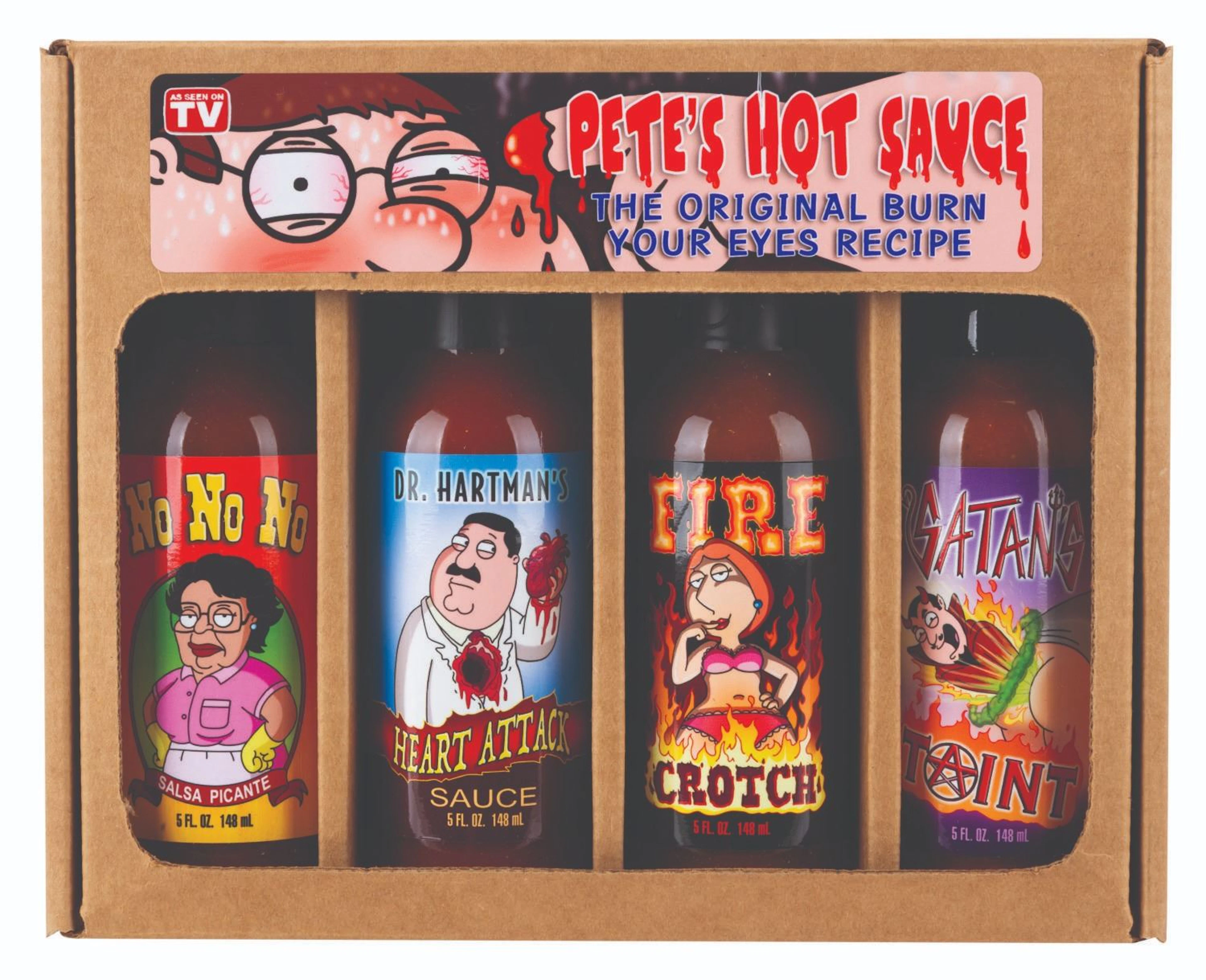 A "Family Guy" Crew Holiday Gift Set of Pete's Hot Sauce Bottles.