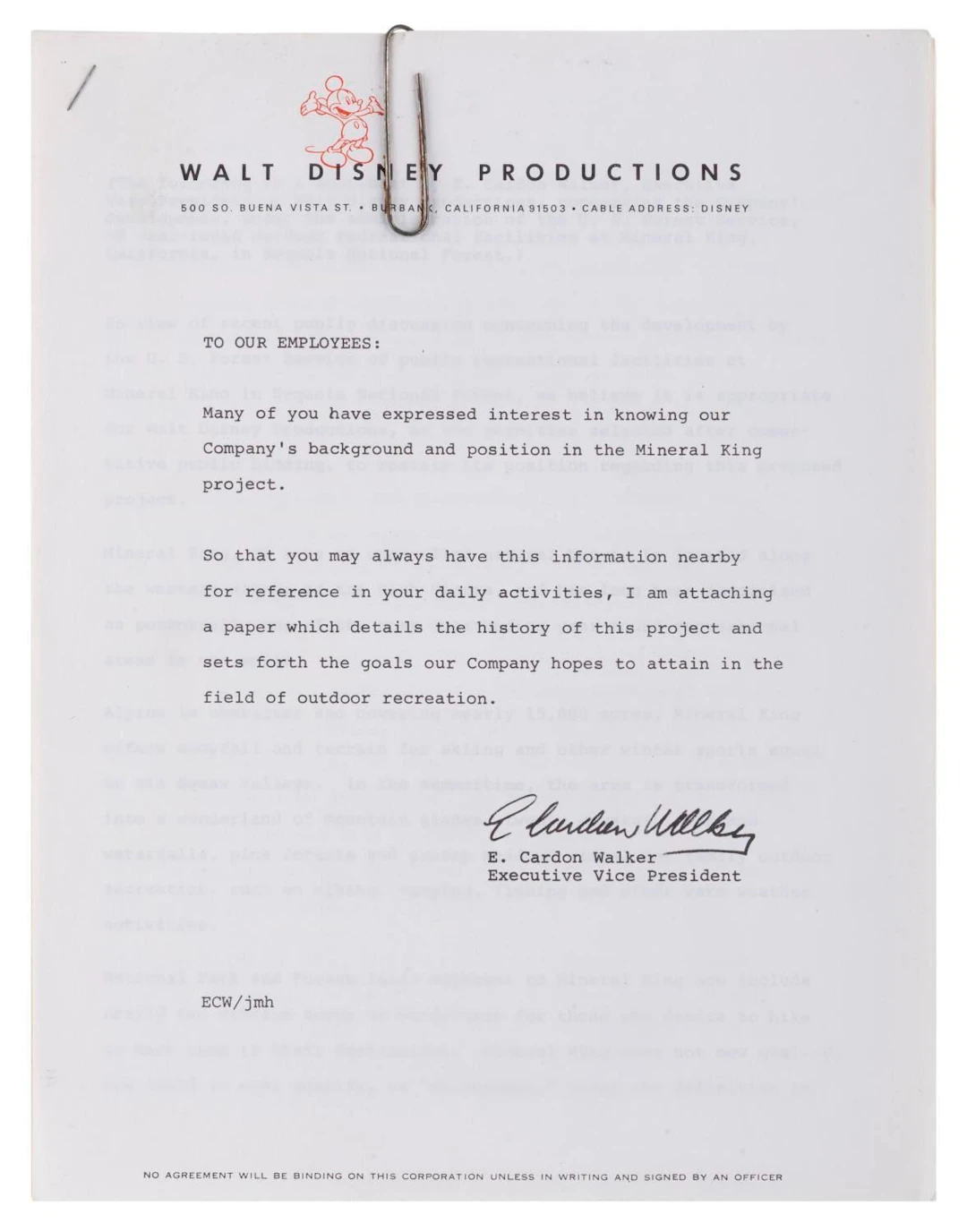 A Walt Disney Productions Memo Regarding Mineral King.