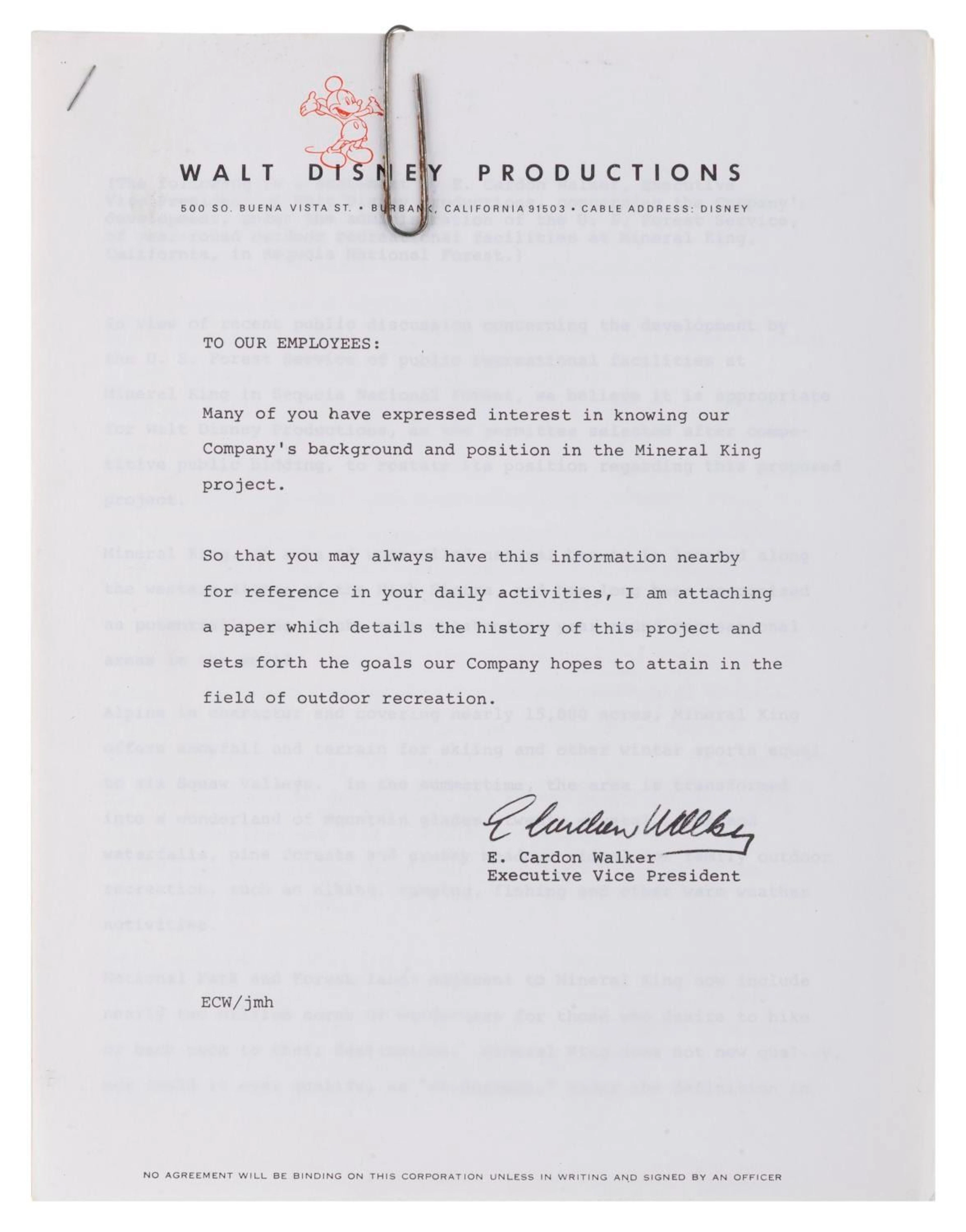 A Walt Disney Productions Memo Regarding Mineral King.