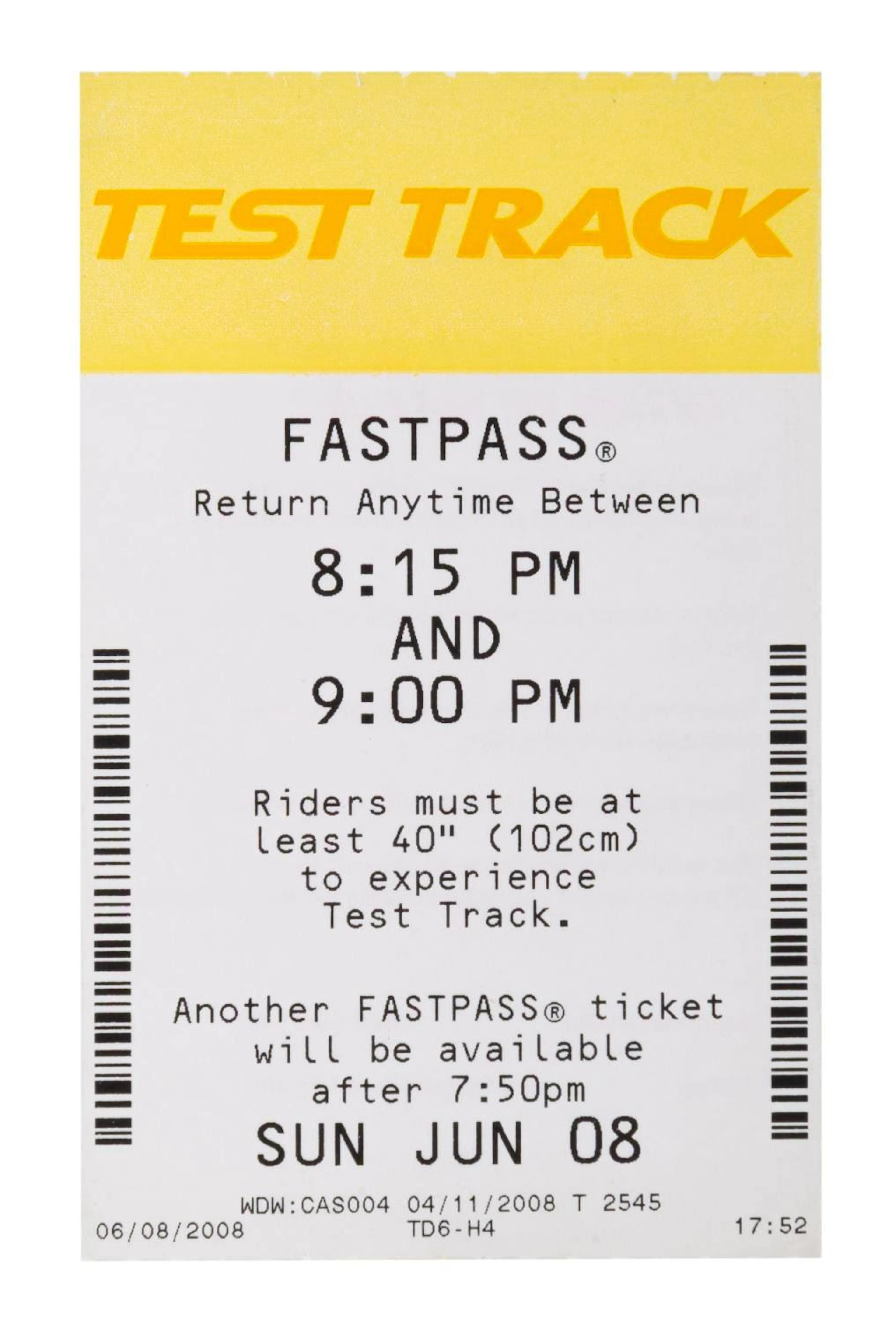 An Epcot Test Track FastPass Ticket.