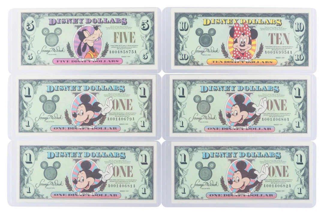 The Disneyland 1999 AA Series $1, $5, and $10 Bills.