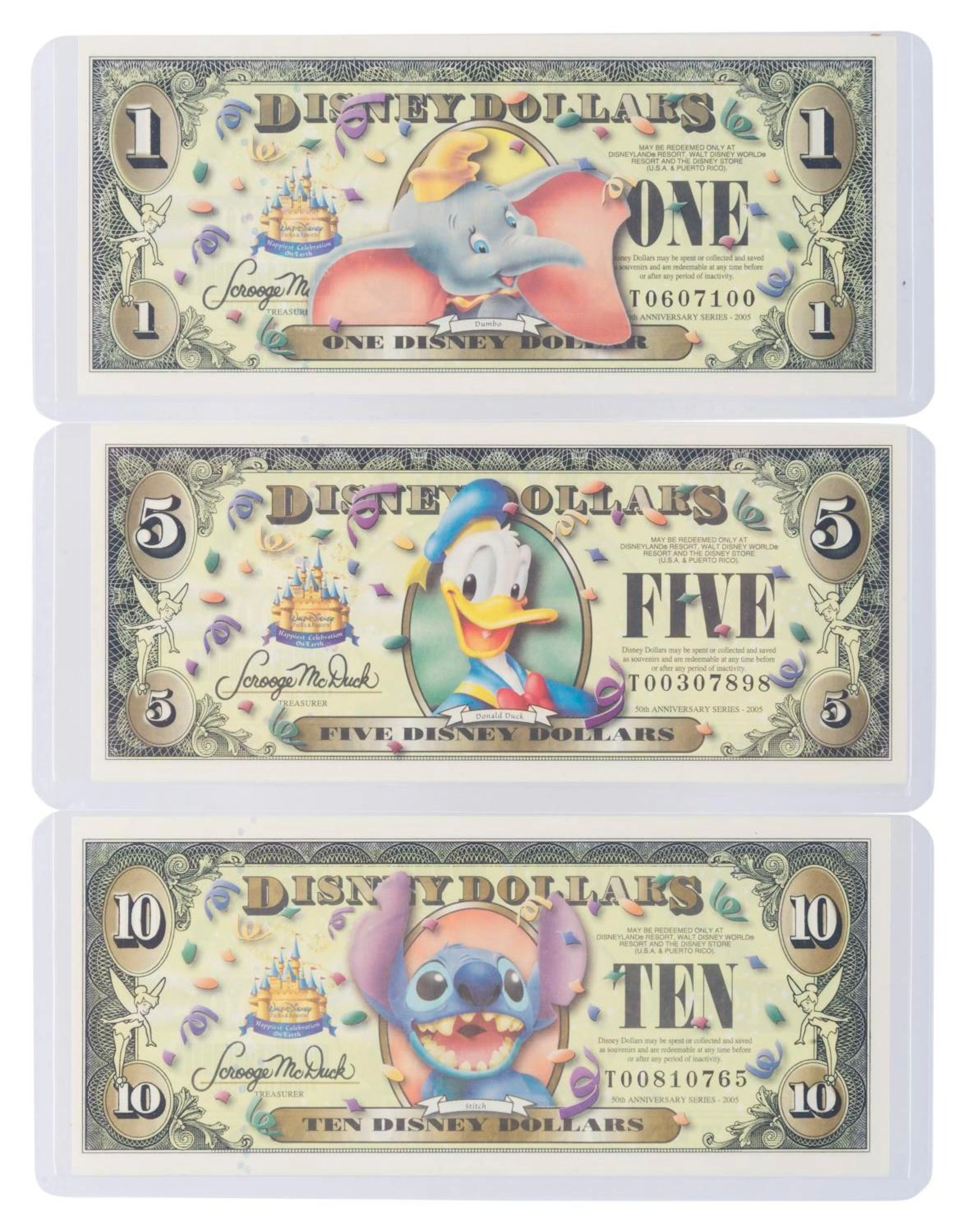 The Disney Store 2005 T Second Series $1, $5, and $10 Bills.