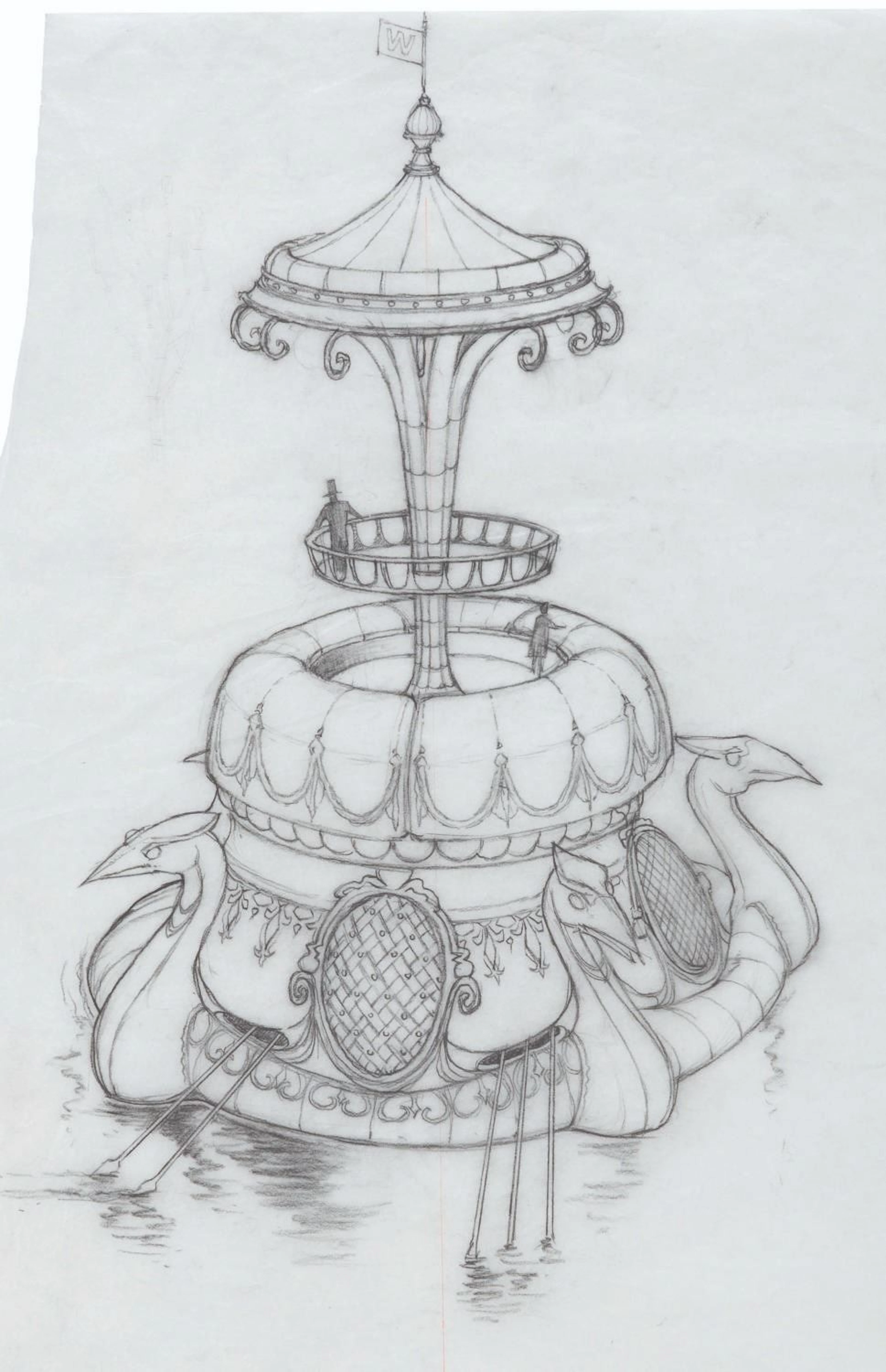 A "Charlie and the Chocolate Factory" Wonka Boat Concept Drawing.