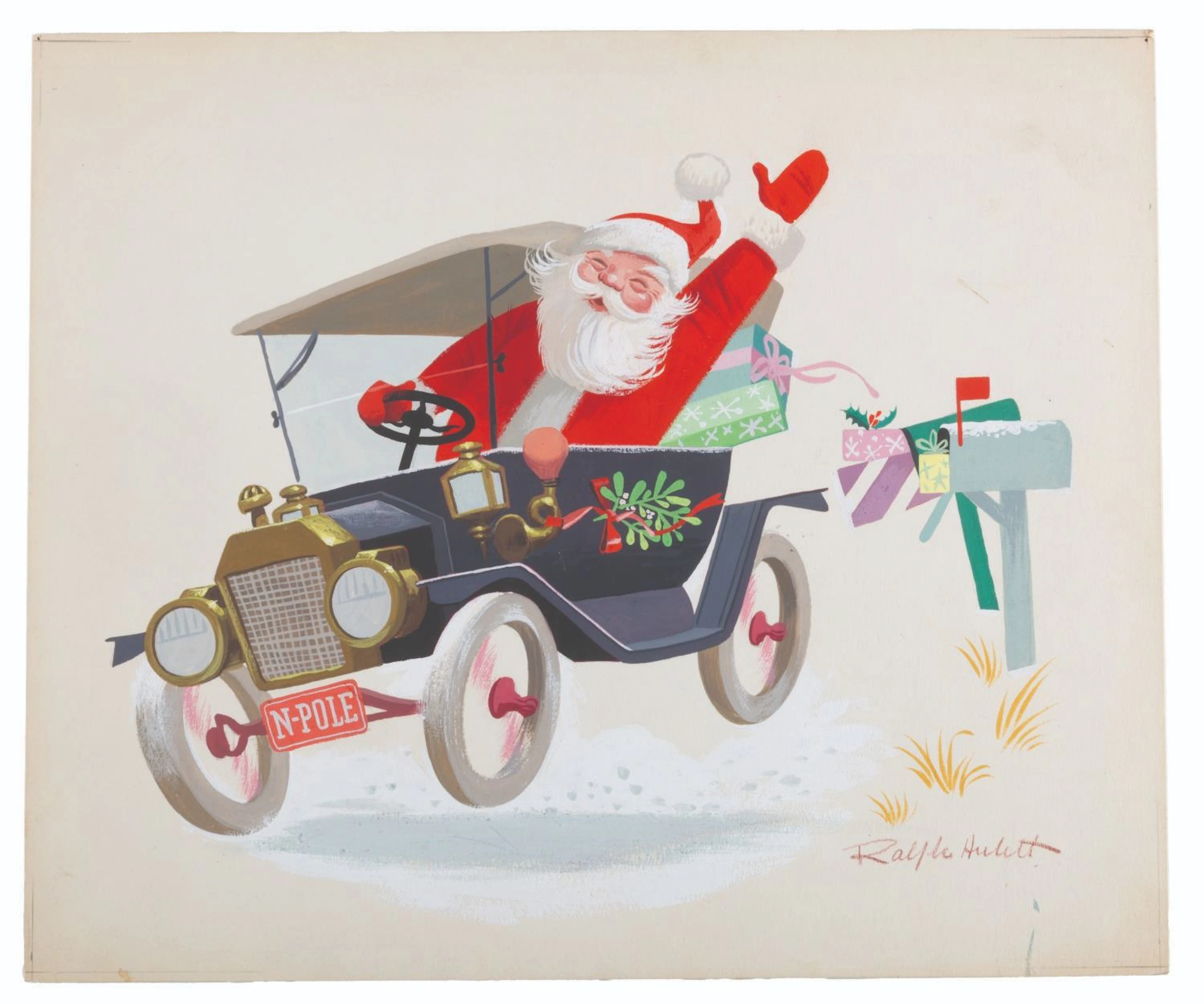 A Classic Car Ralph Hulett Christmas Card Painting.