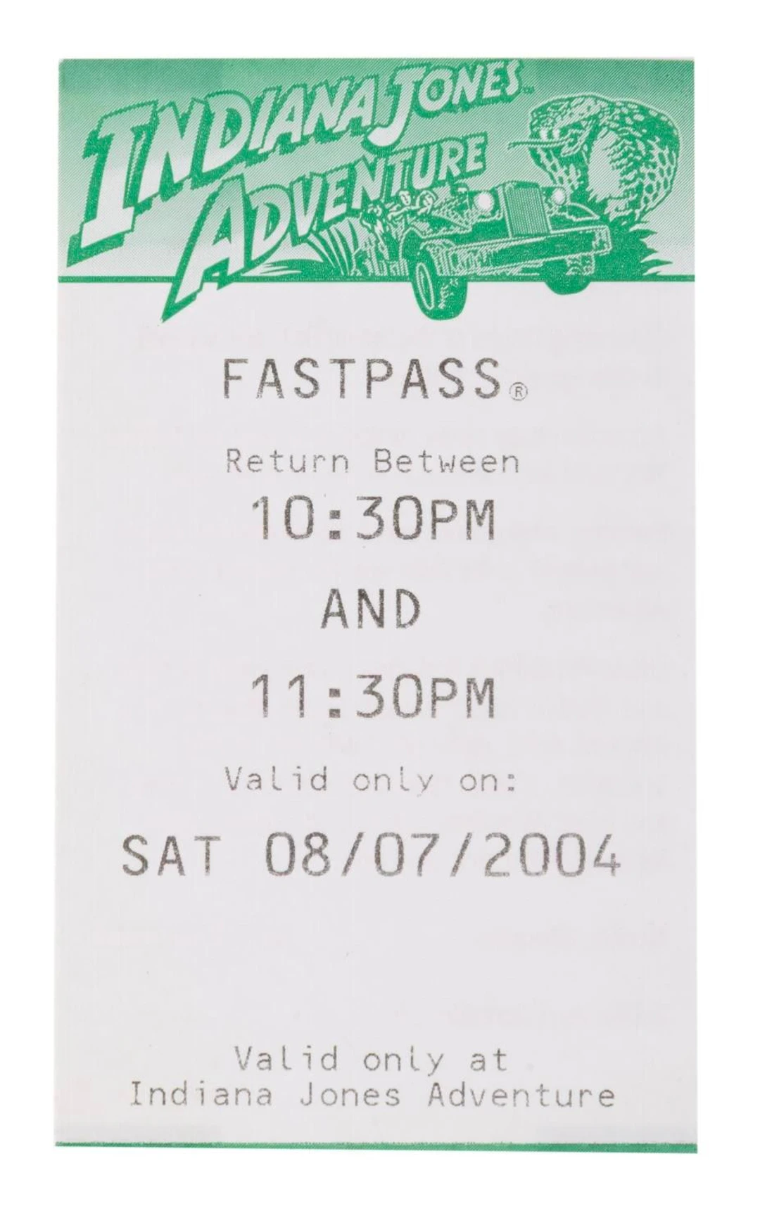An Indiana Jones Adventure FastPass Ticket.