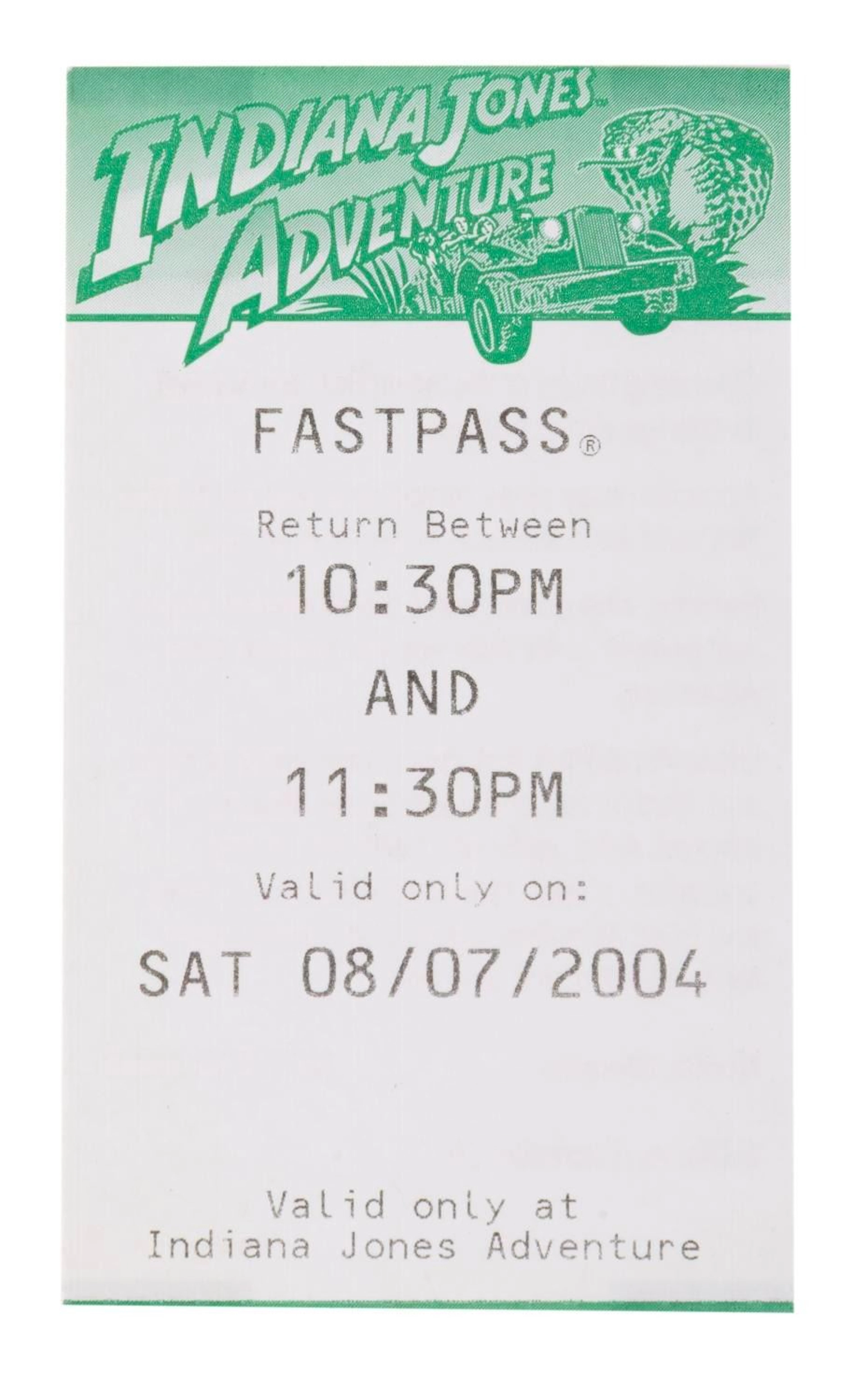 An Indiana Jones Adventure FastPass Ticket.