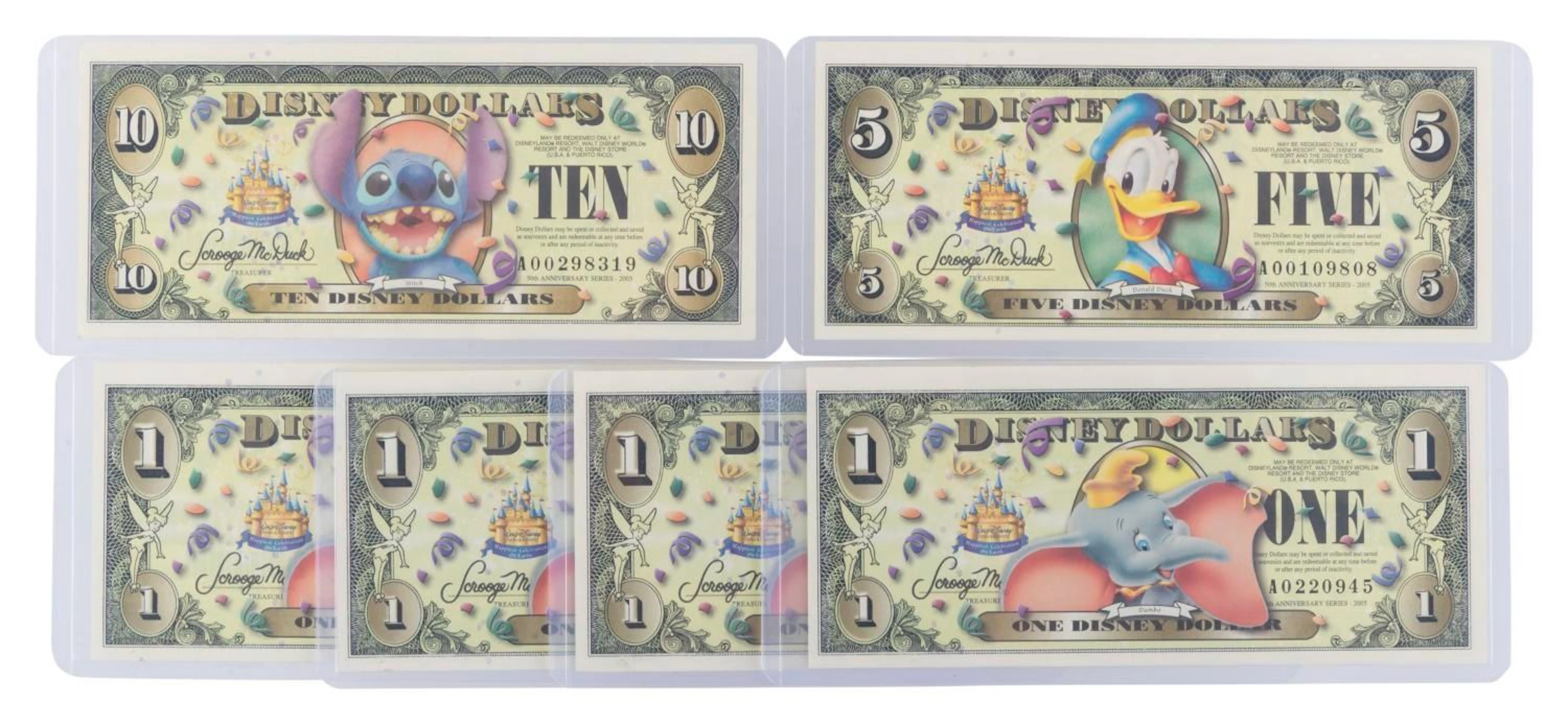 The Disneyland 2005 A First Series $1, $5, and $10 Bills with Barcode.
