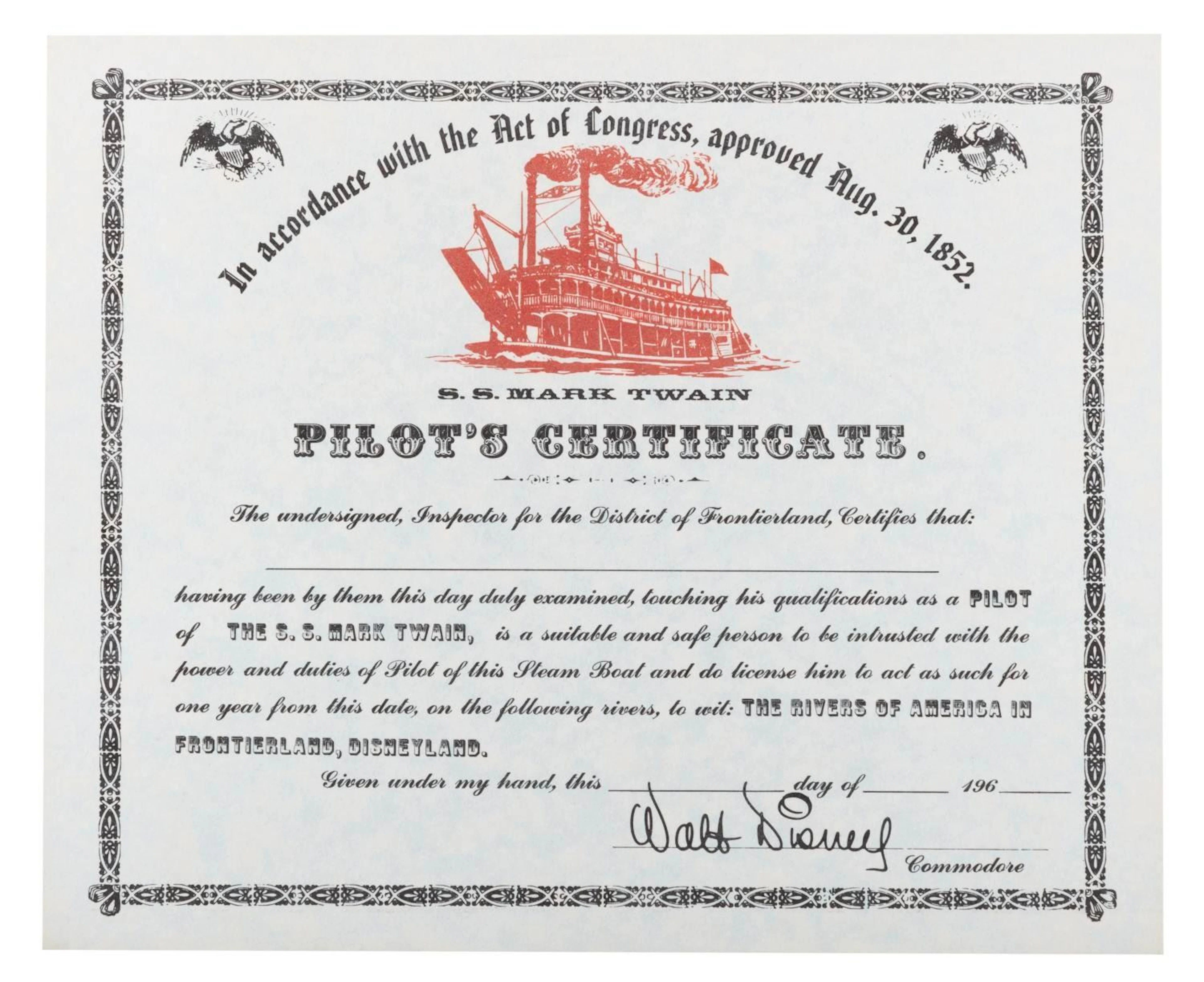 A Disneyland S.S. Mark Twain Pilot's Certificate.