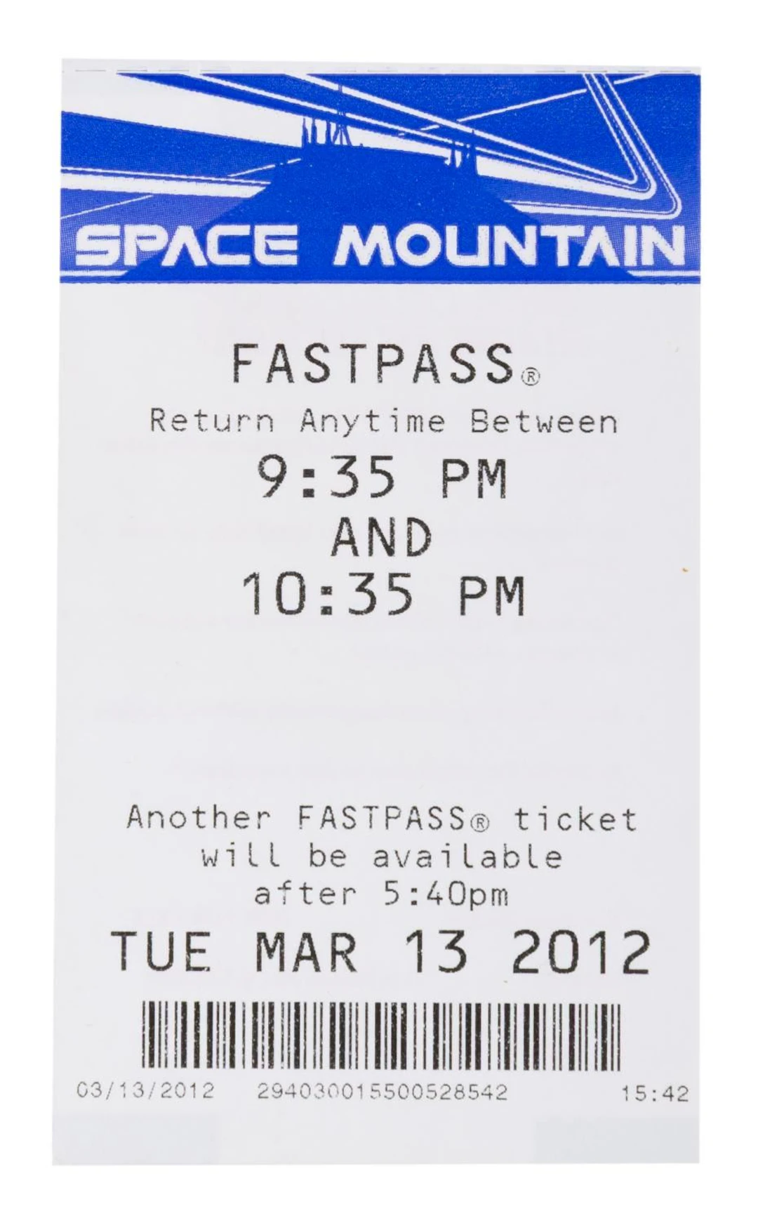 A Space Mountain 2012 FastPass Ticket.