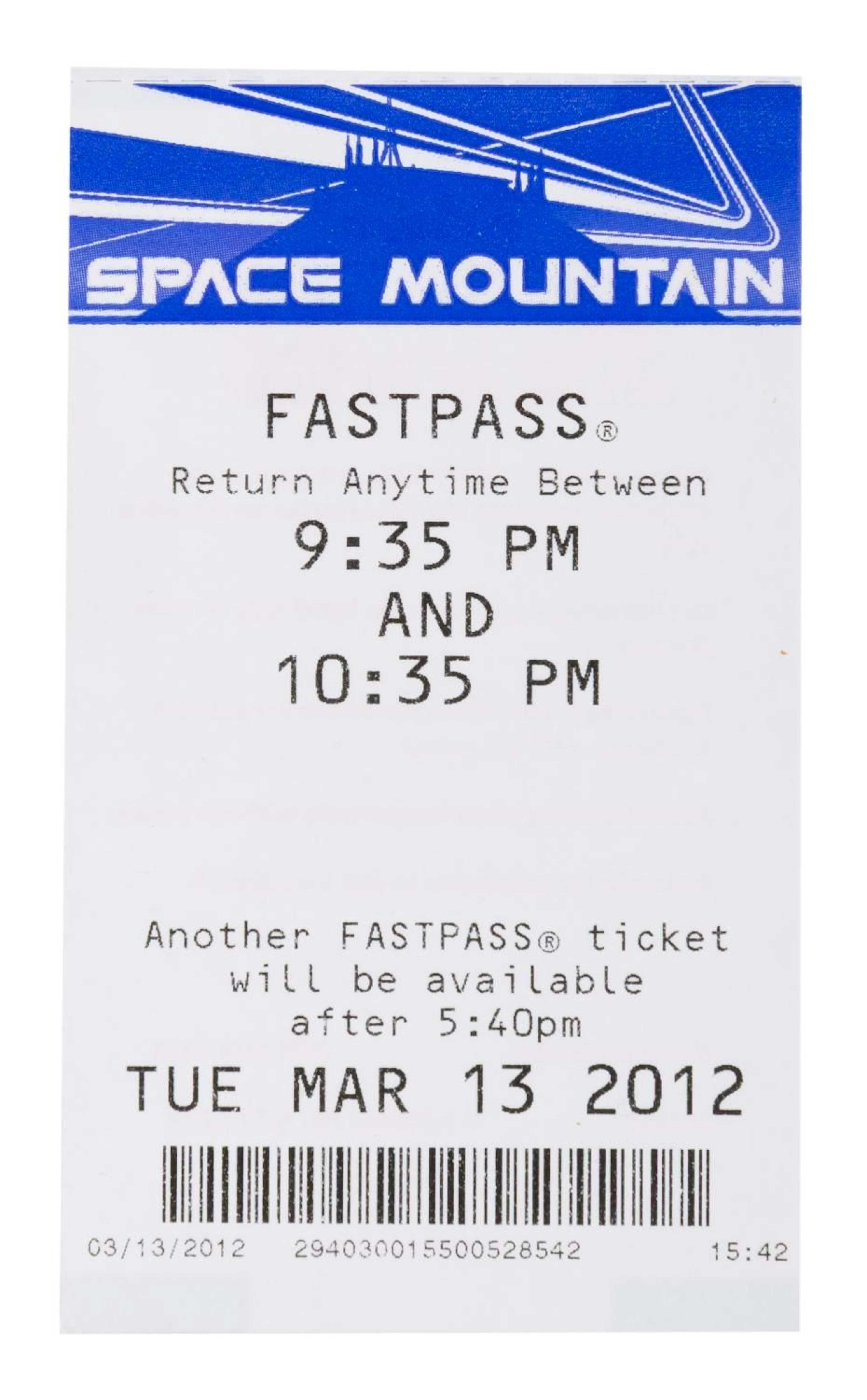 A Space Mountain 2012 FastPass Ticket.
