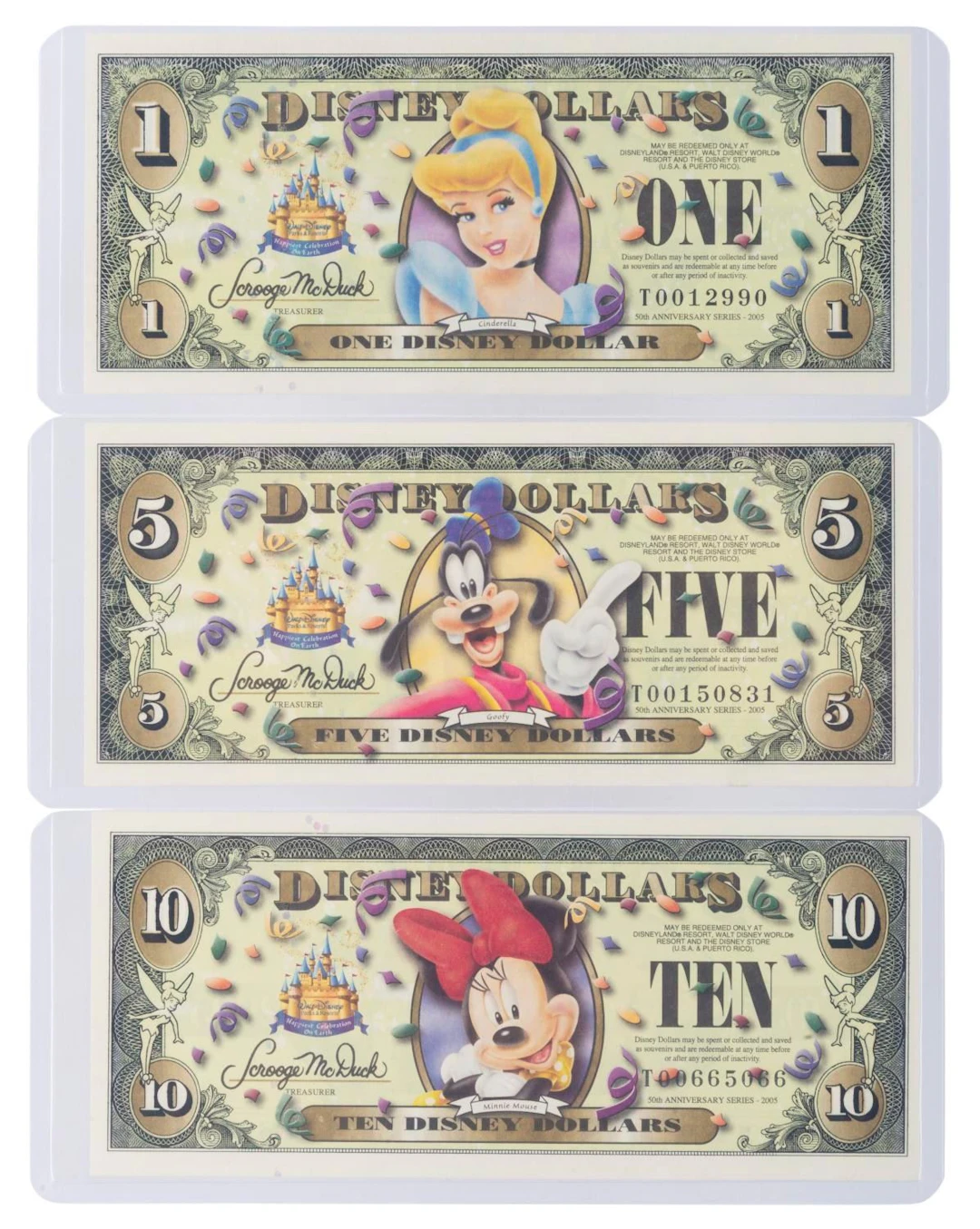 The Disney Store 2005 T First Series $1, $5, and $10 Bills with Barcode.
