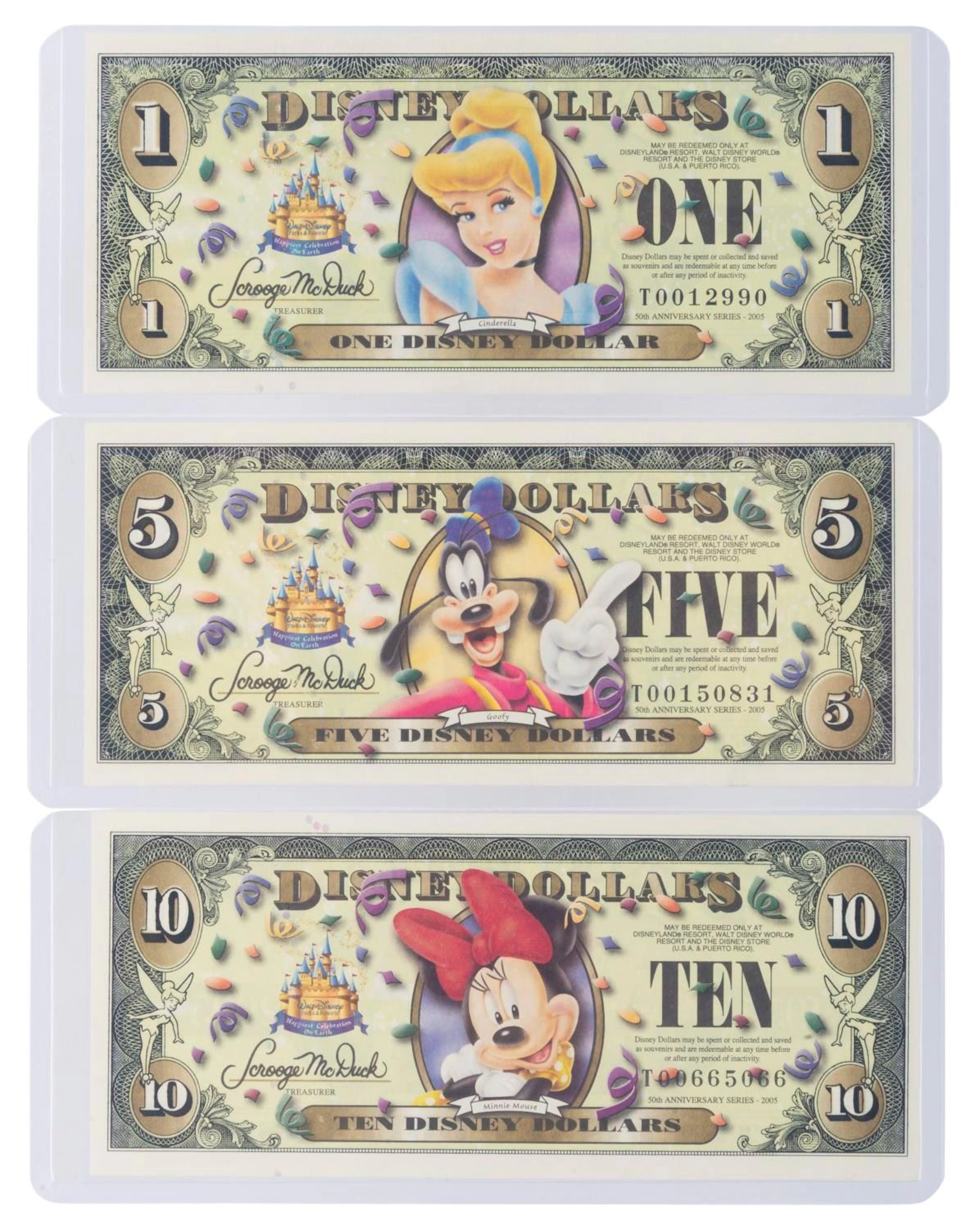 The Disney Store 2005 T First Series $1, $5, and $10 Bills with Barcode.