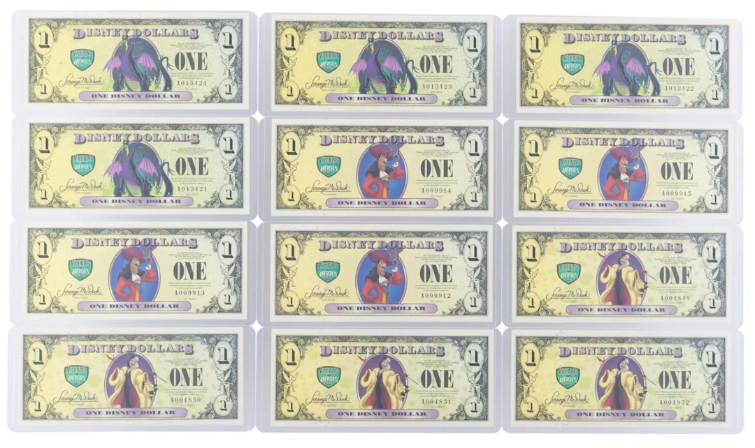 The 2013 Disney Dollars Villains and Heroes Series $1 Bills.