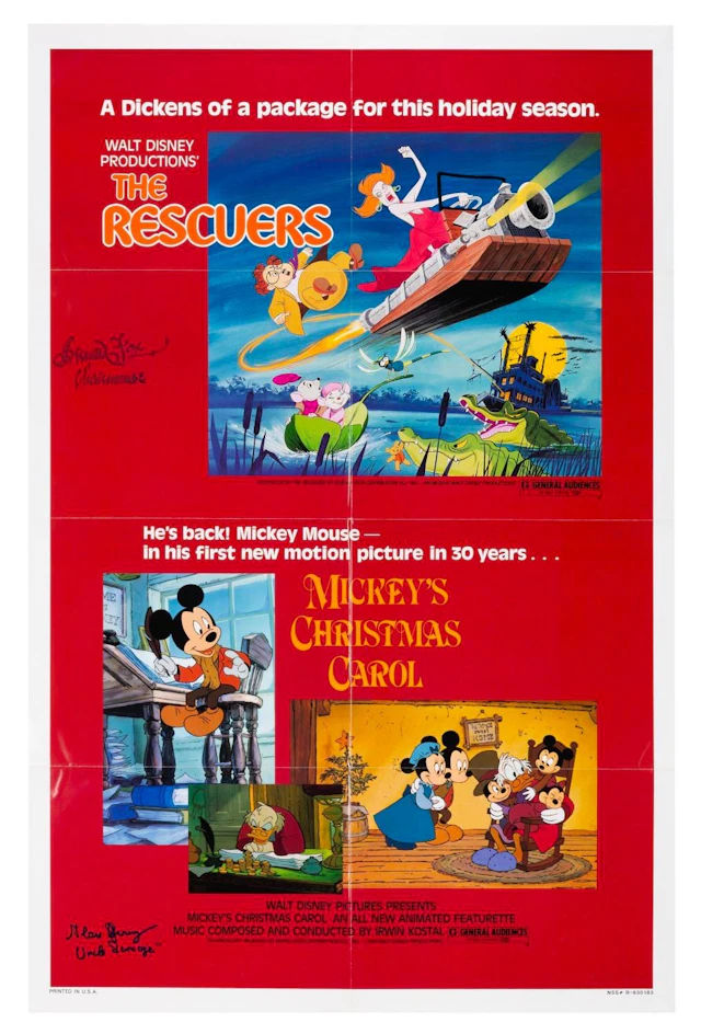 A Signed "Mickey’s Christmas Carol/The Rescuers" One-Sheet.