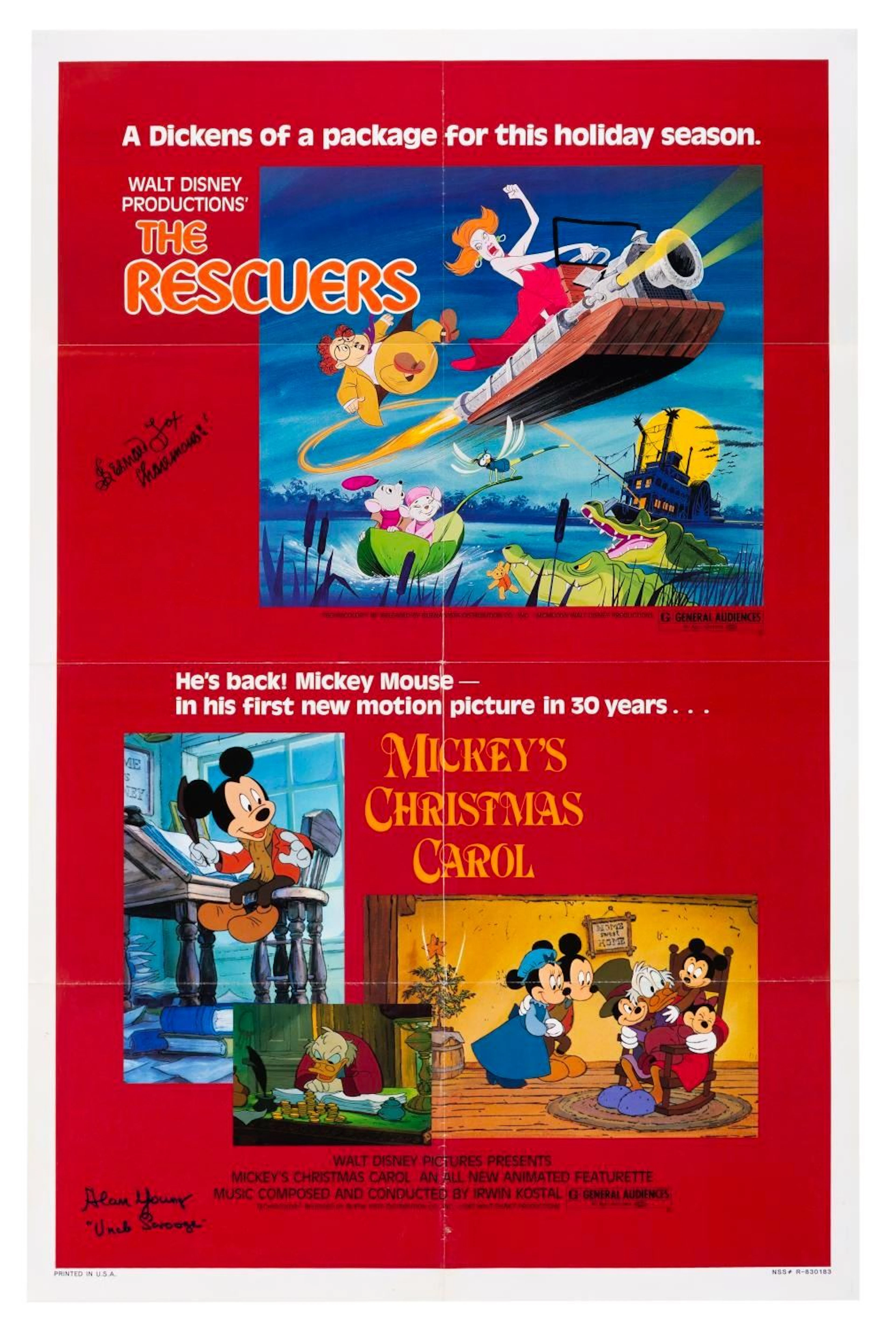 A Signed Rescuers & Mickey’s Christmas Carol Poster.