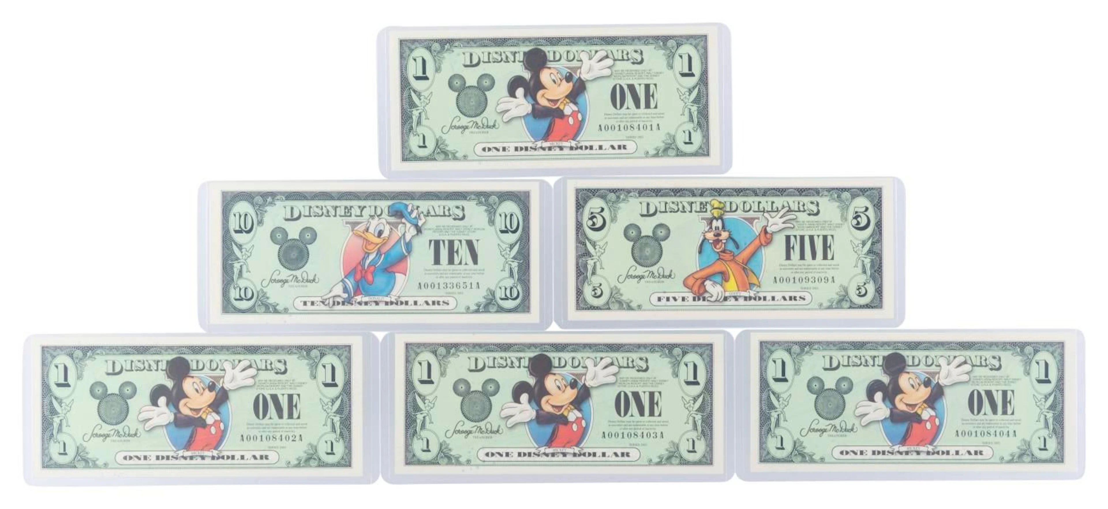 The Disneyland 2003 AA Series $1, $5, and $10 Bills.