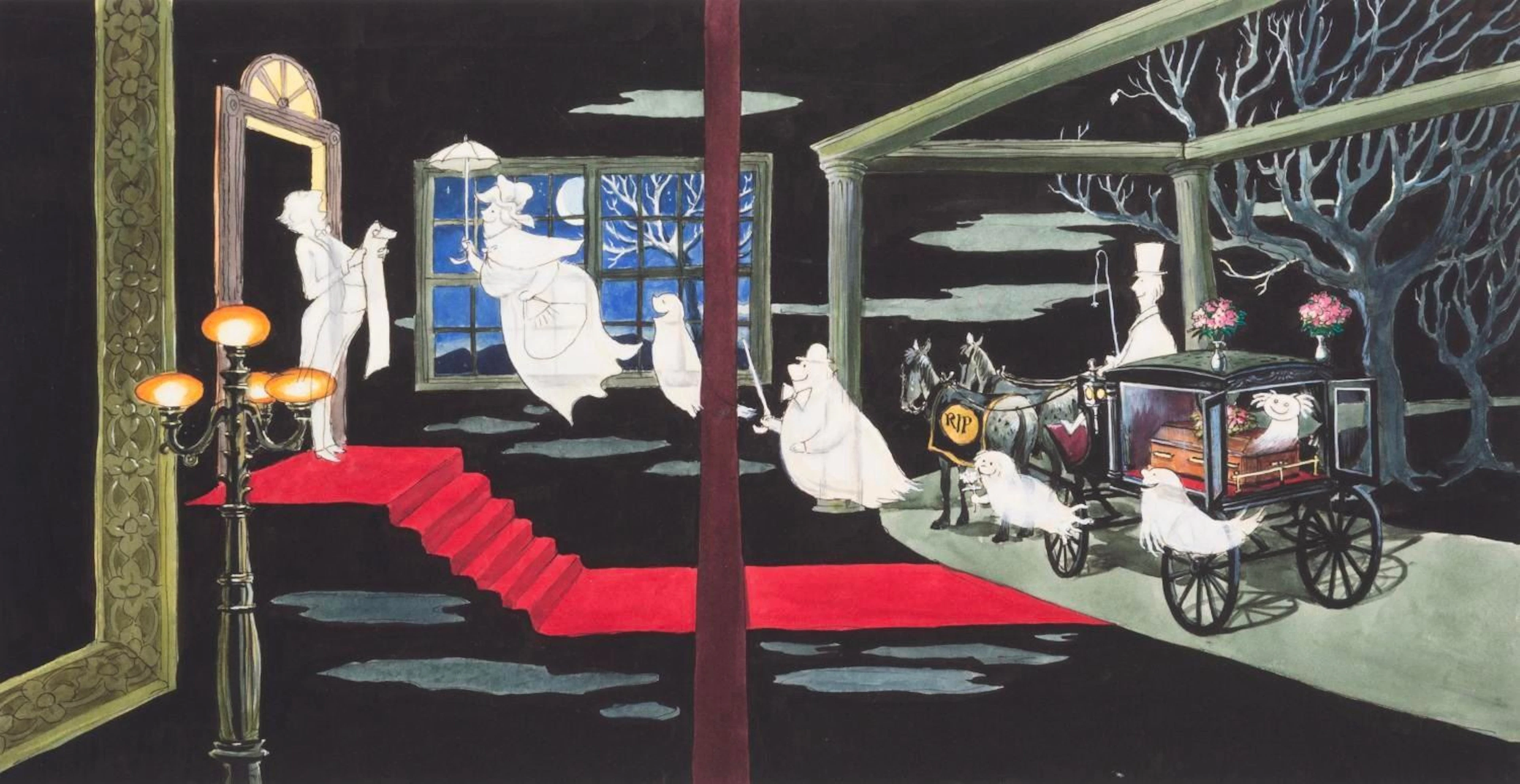 A Huge Haunted Mansion Hearse Arrival Concept Art Print.