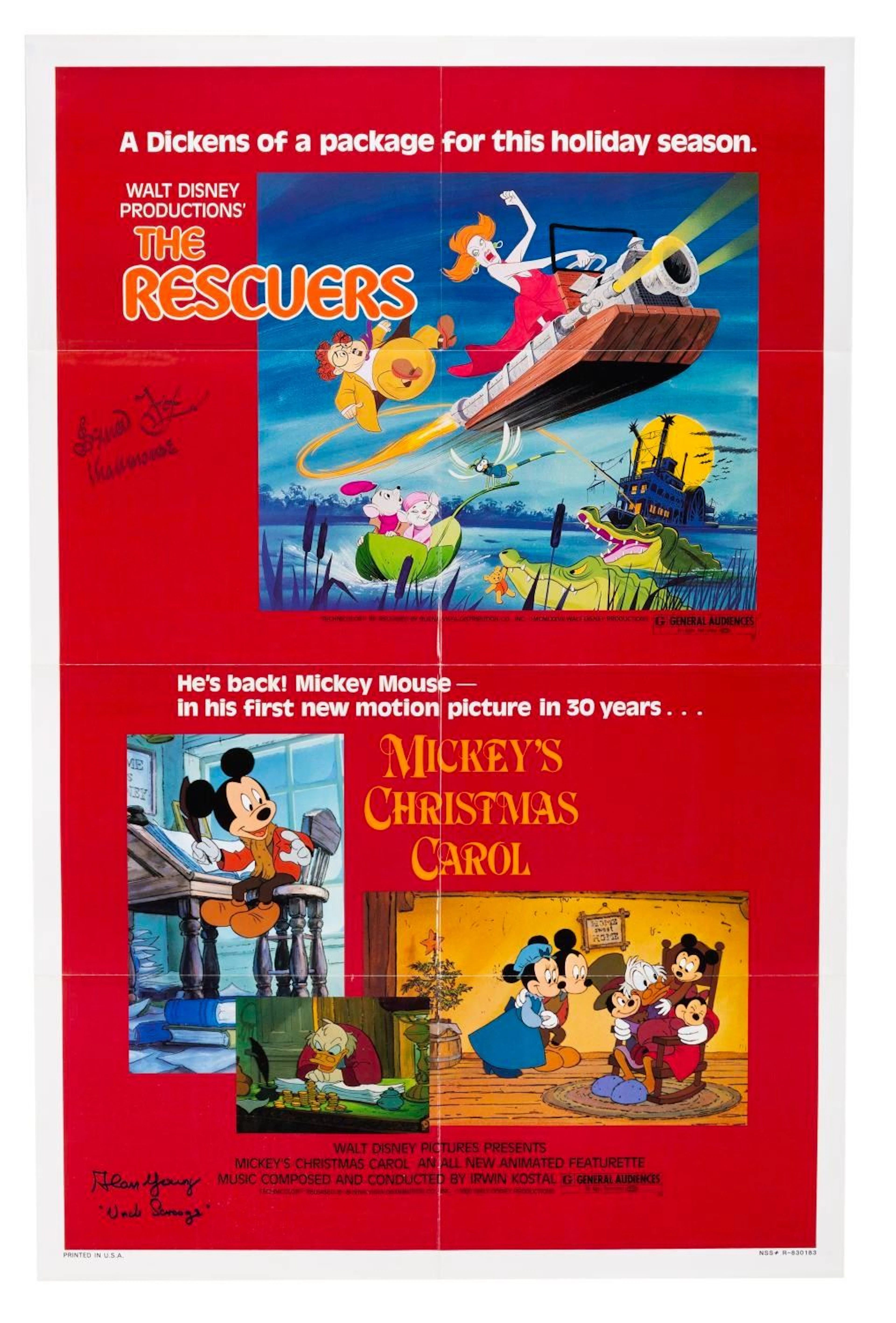 A Signed "The Rescuers " & "Mickey's Christmas Carol " One-Sheet.