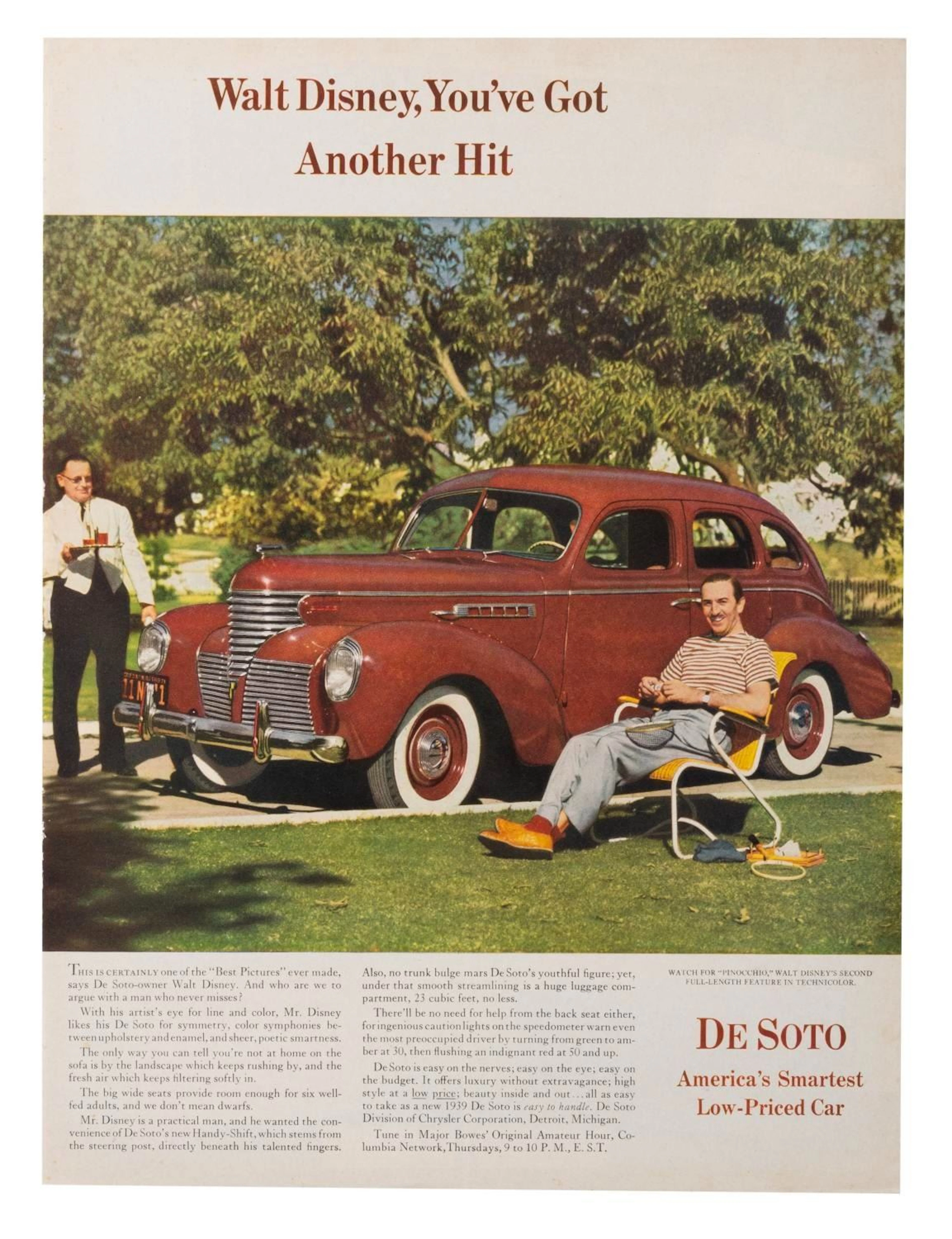A 1939 De Soto Automobile Ad with Walt Disney.