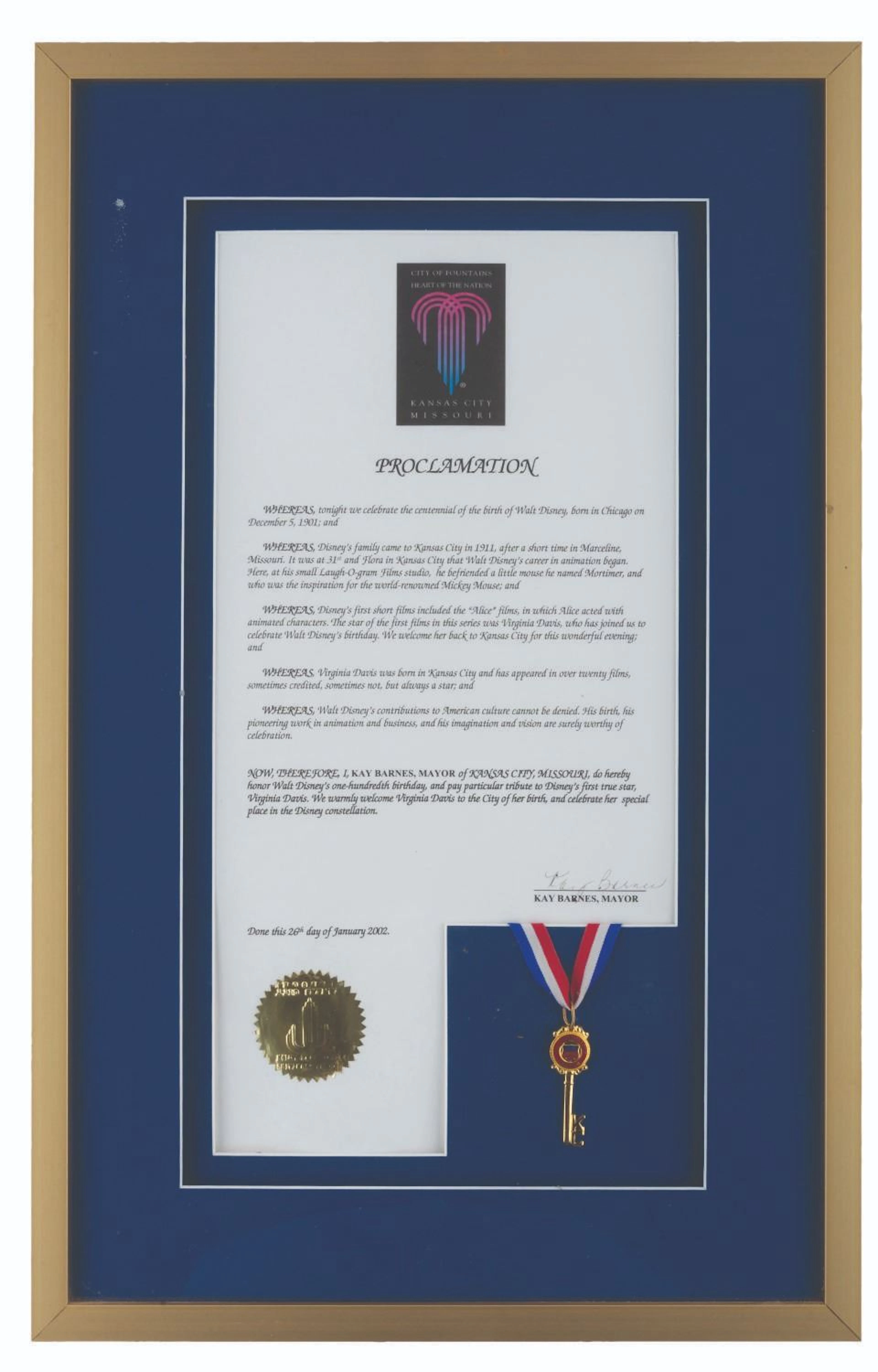 A Walt's 100th Birthday Proclamation & City Key Presented to Virginia Davis.