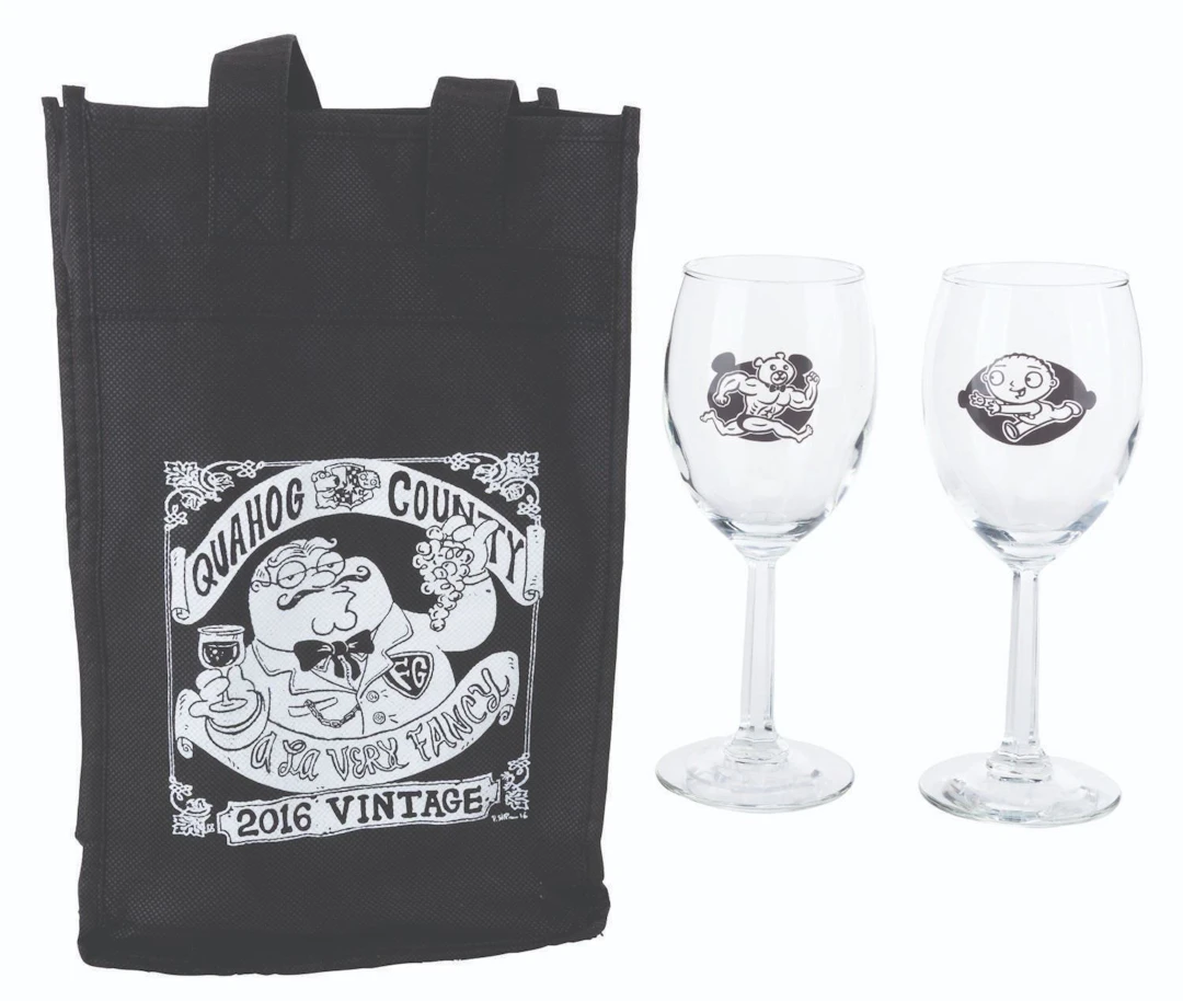 A Pair of "Family Guy" Crew Gift Wine Glasses with Bag.
