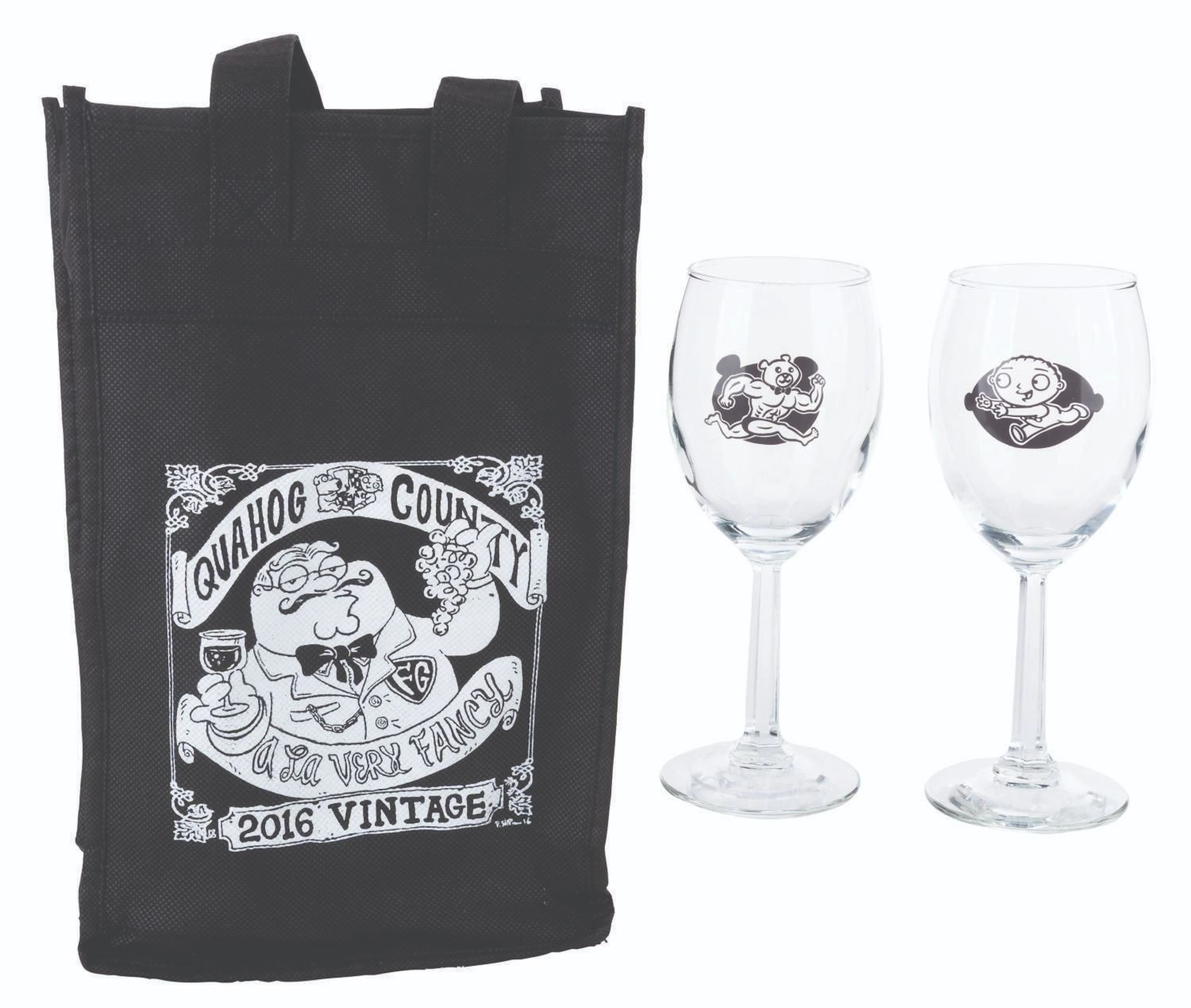 A Pair of "Family Guy" Crew Gift Wine Glasses with Bag.