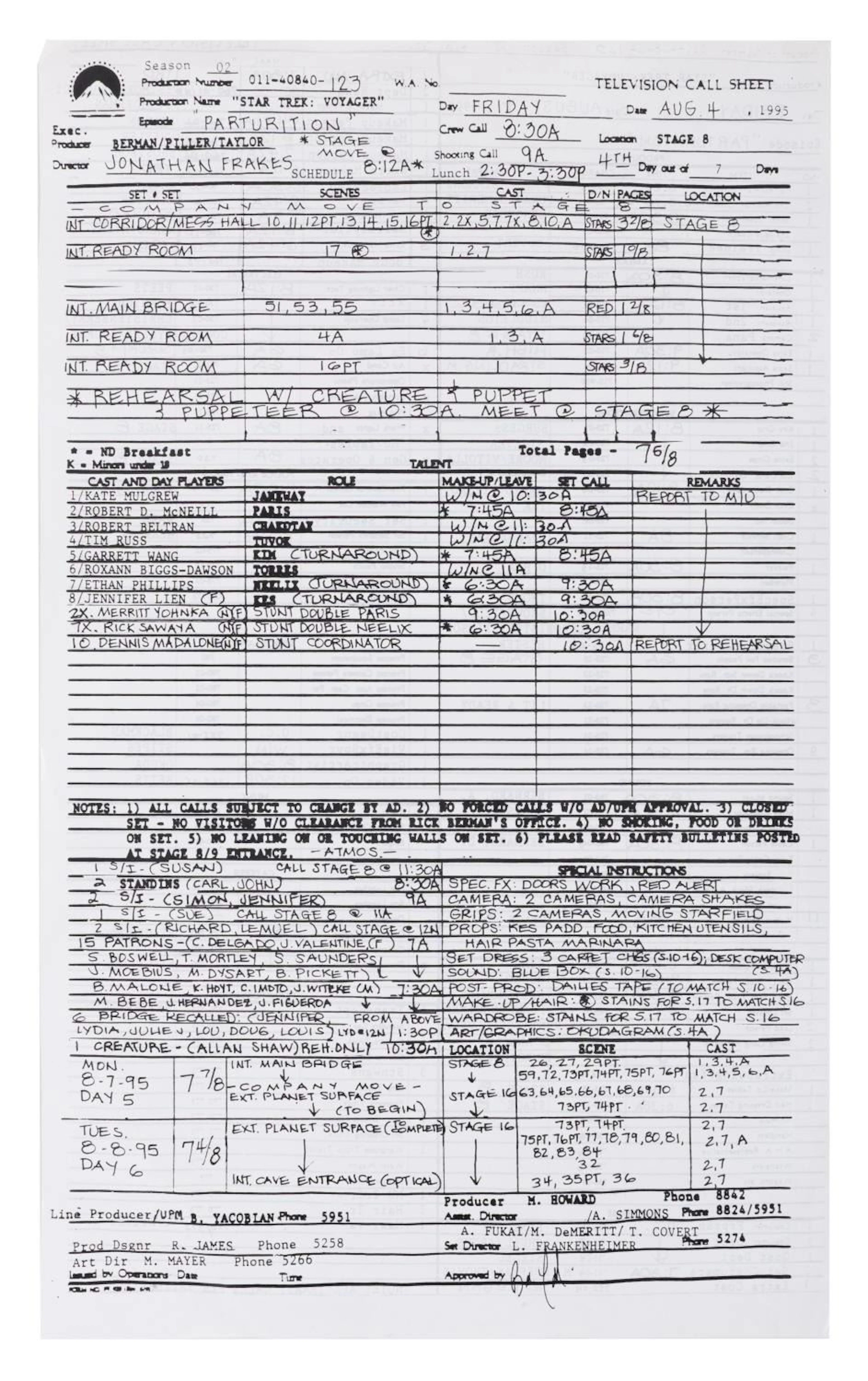 A "Star Trek: Voyager" Television Call Sheet.