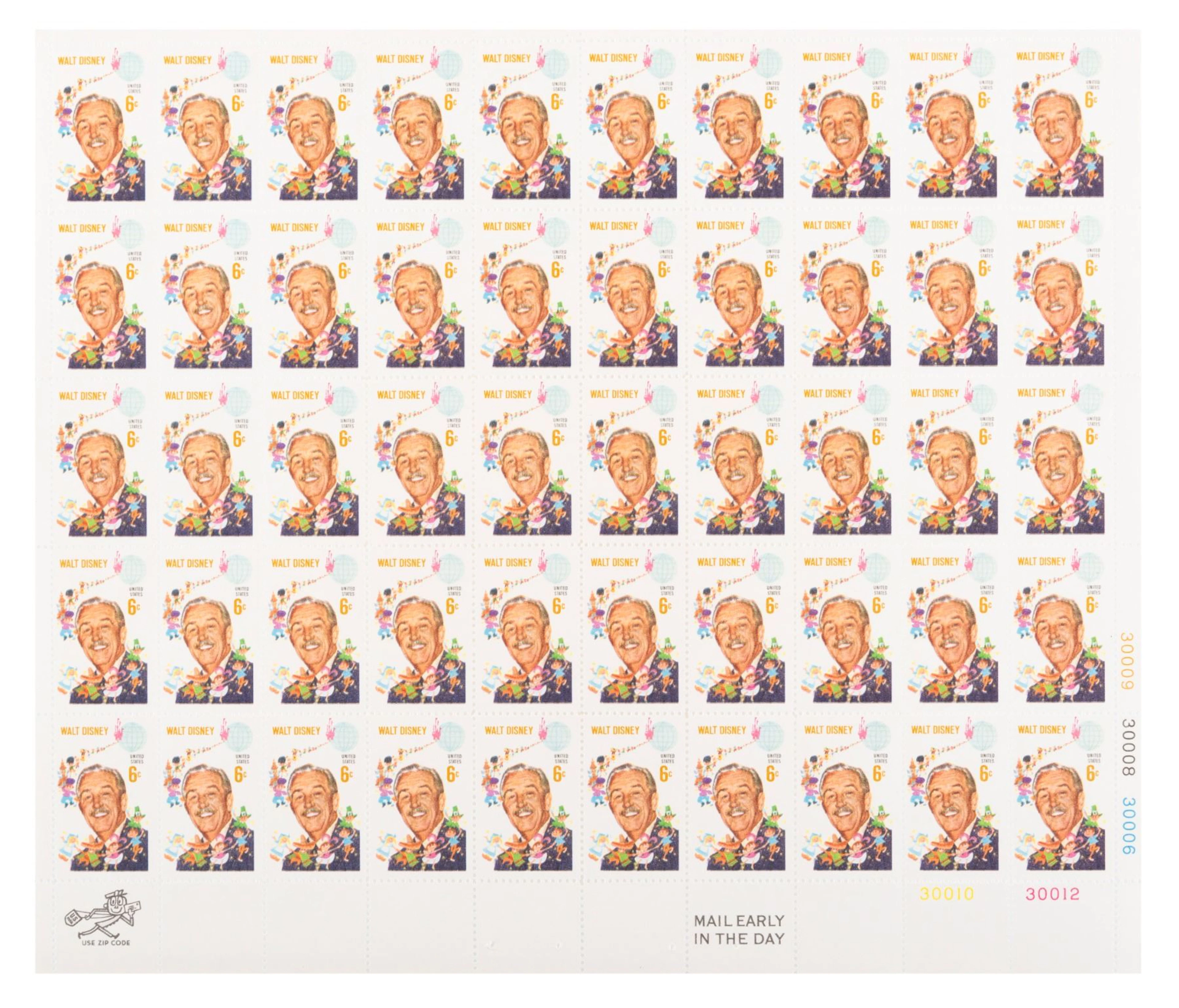 A Full Sheet of Walt Disney 6 Cent Stamps.