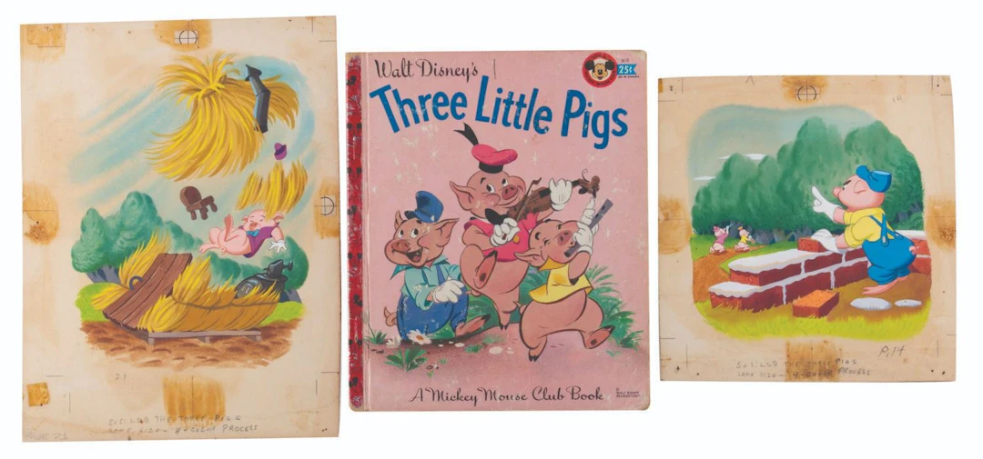 A Pair of "Three Little Pigs" Original Book Illustrations.